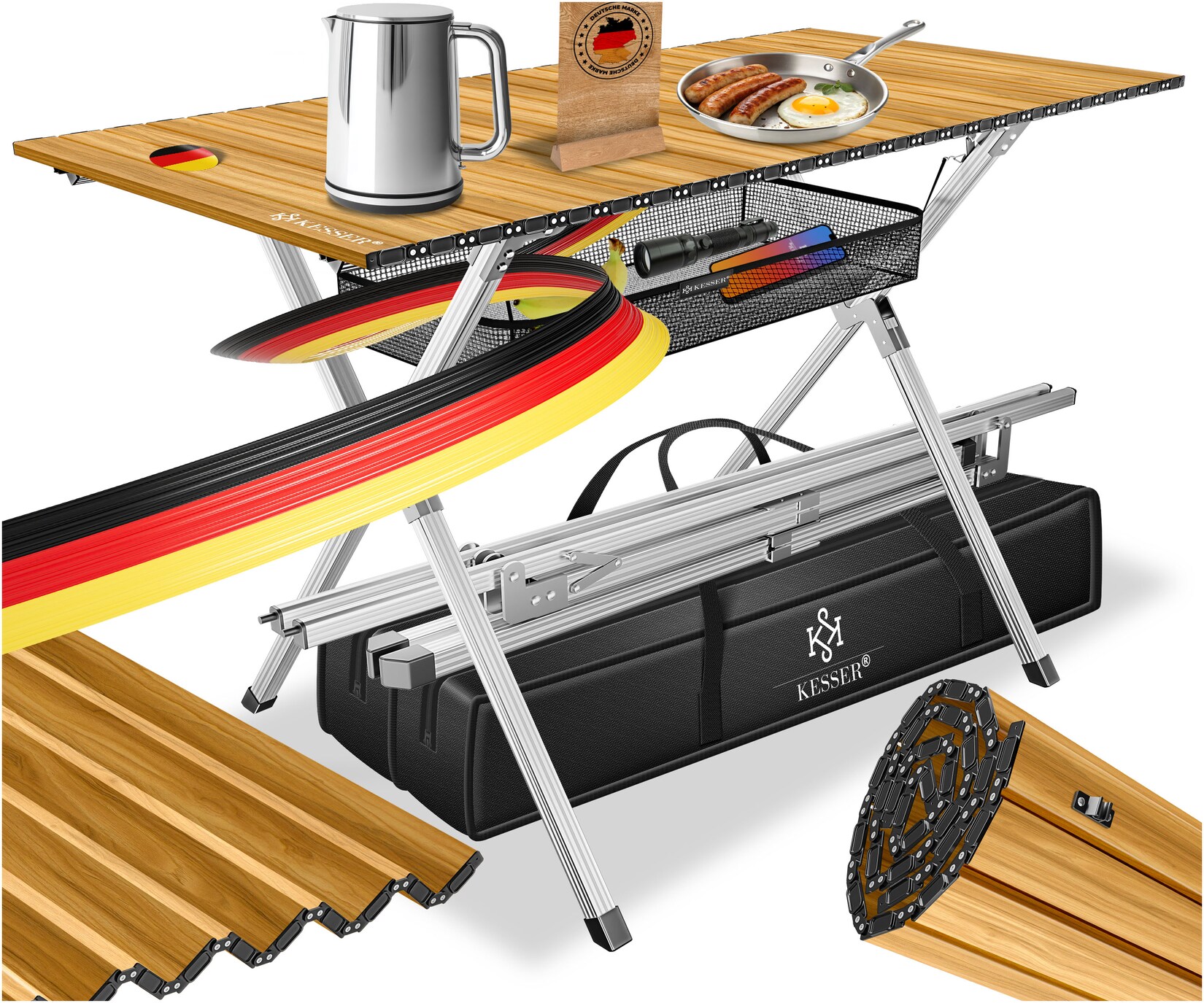 KESSER® Campingtisch faltbar Klapptisch mit Aluminiumrahmen Aufrollbare Tischplatte Falttisch klappbar inkl. Tragetasche mit Trageband & Netztasche, Holz-Optik