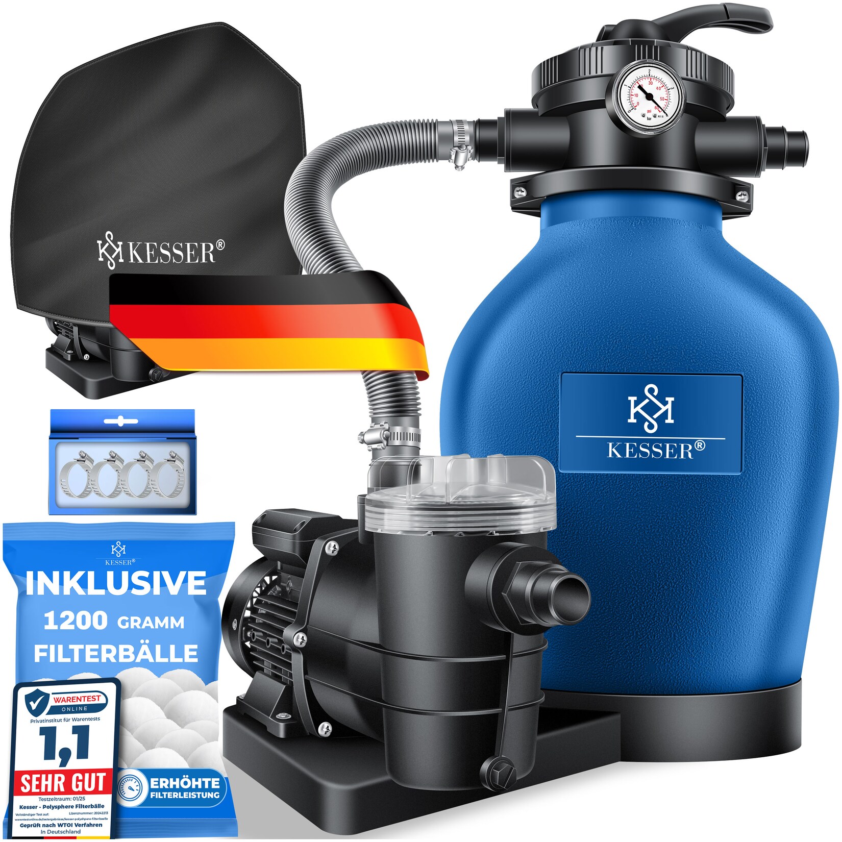 ® Sandfilteranlage mit Pumpe &  Filterbälle   Poolfilter 600W   Sandfilter für Pool 13200L/h Durchfluss   Tankvolumen bis 30kg Sand   7-Wege Ventil mit Druckmanometer, Abdeckung & Zubehör