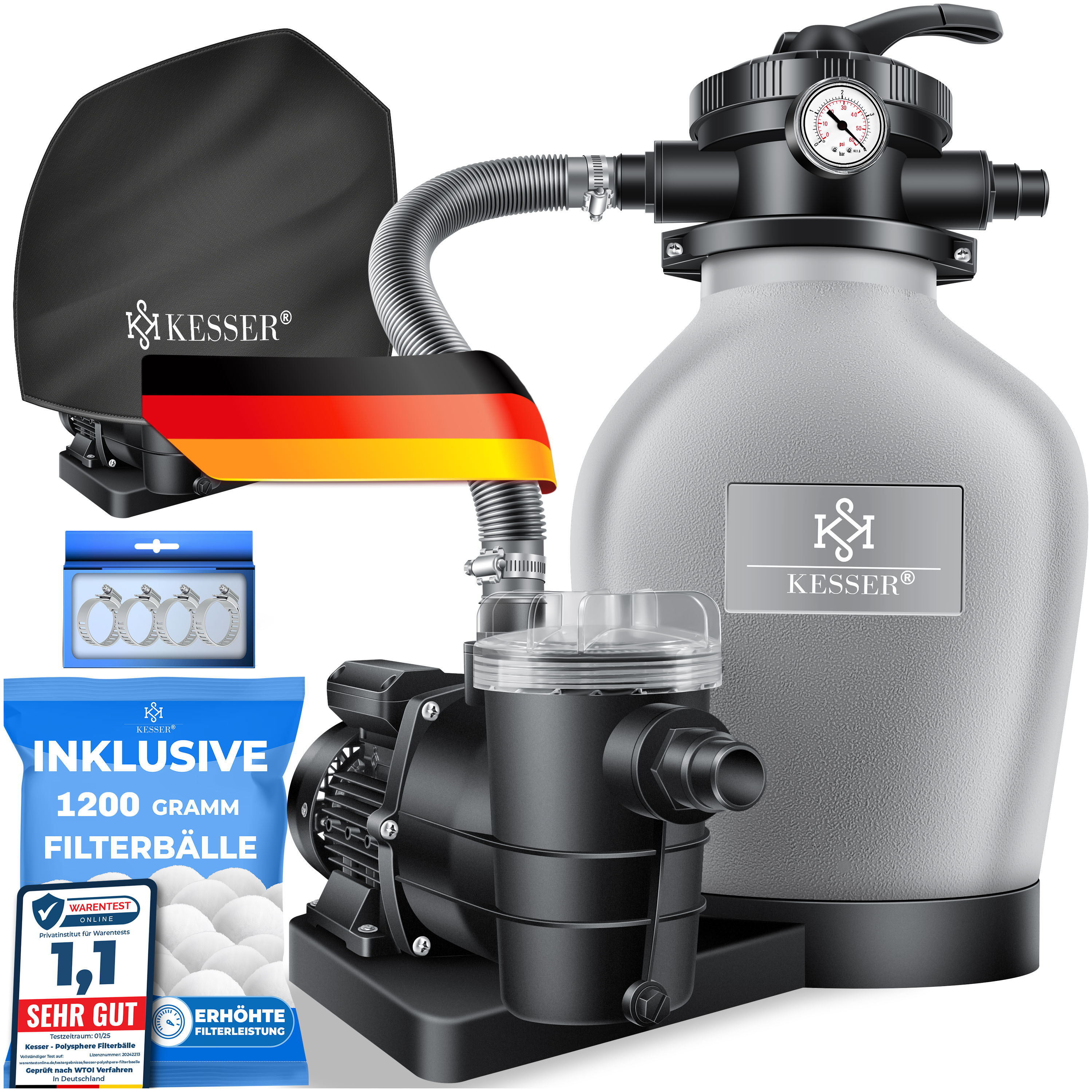 KESSER&reg; Sandfilteranlage mit Pumpe & 1200g Filterb&auml;lle | Poolfilter 600W | Sandfilter f&uuml;r Pool 13200L/h Durchfluss | Tankvolumen bis 30kg Sand | 7-Wege Ventil mit Druckmanometer, Abdeckung & Zubeh&ouml;r - Bild 1