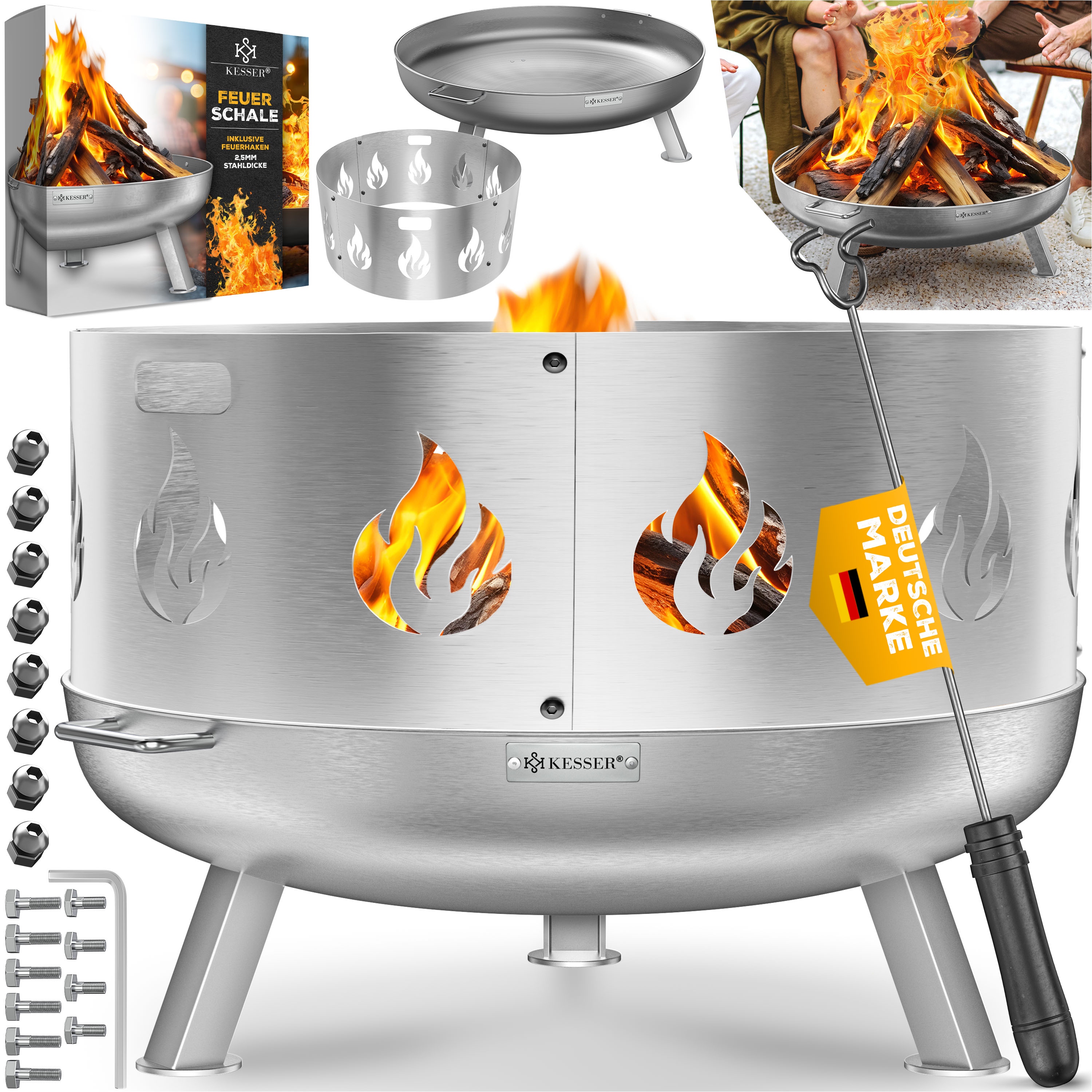 KESSER&reg; Feuerschale mit 2,5 mm Stahldicke Feuerkorb aus Edelstahl / Stahl inklusive 42cm Feuerhaken aus Gusseisen, Wasserablauf & 2 stabile Griffe f&uuml;r Holz & Kohle Feuerstelle f&uuml;r Garten & Terrasse - Bild 1