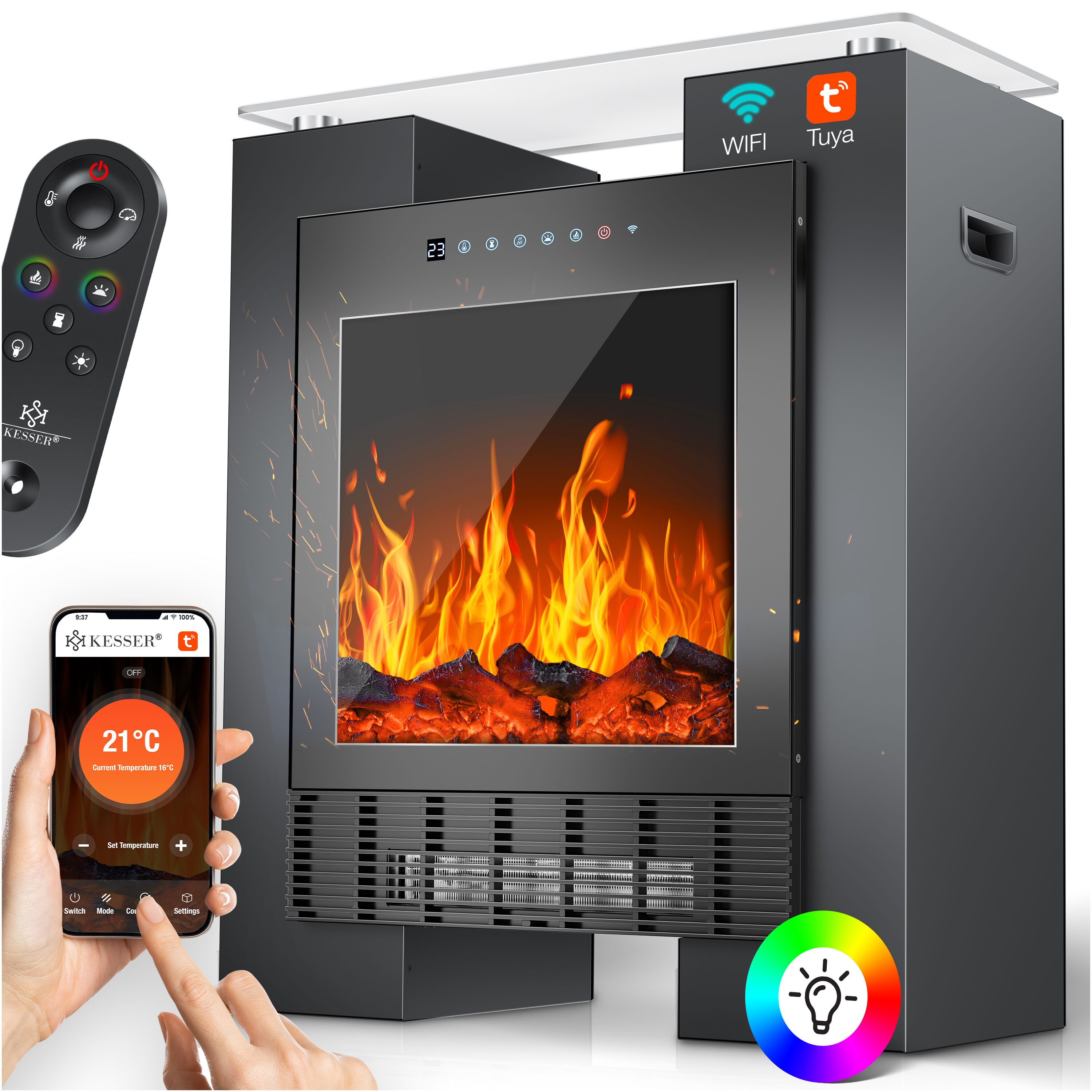KESSER&reg; LED Kamin mit Heizung elektrisch | Heizl&uuml;fter Elektrokamin mit Thermostat, Standkamin mit realistischem Feuer -/ Flammeneffekt per App + Fernbedienung & WLAN &ndash; mit Timer,15-35&deg;C - Bild 1
