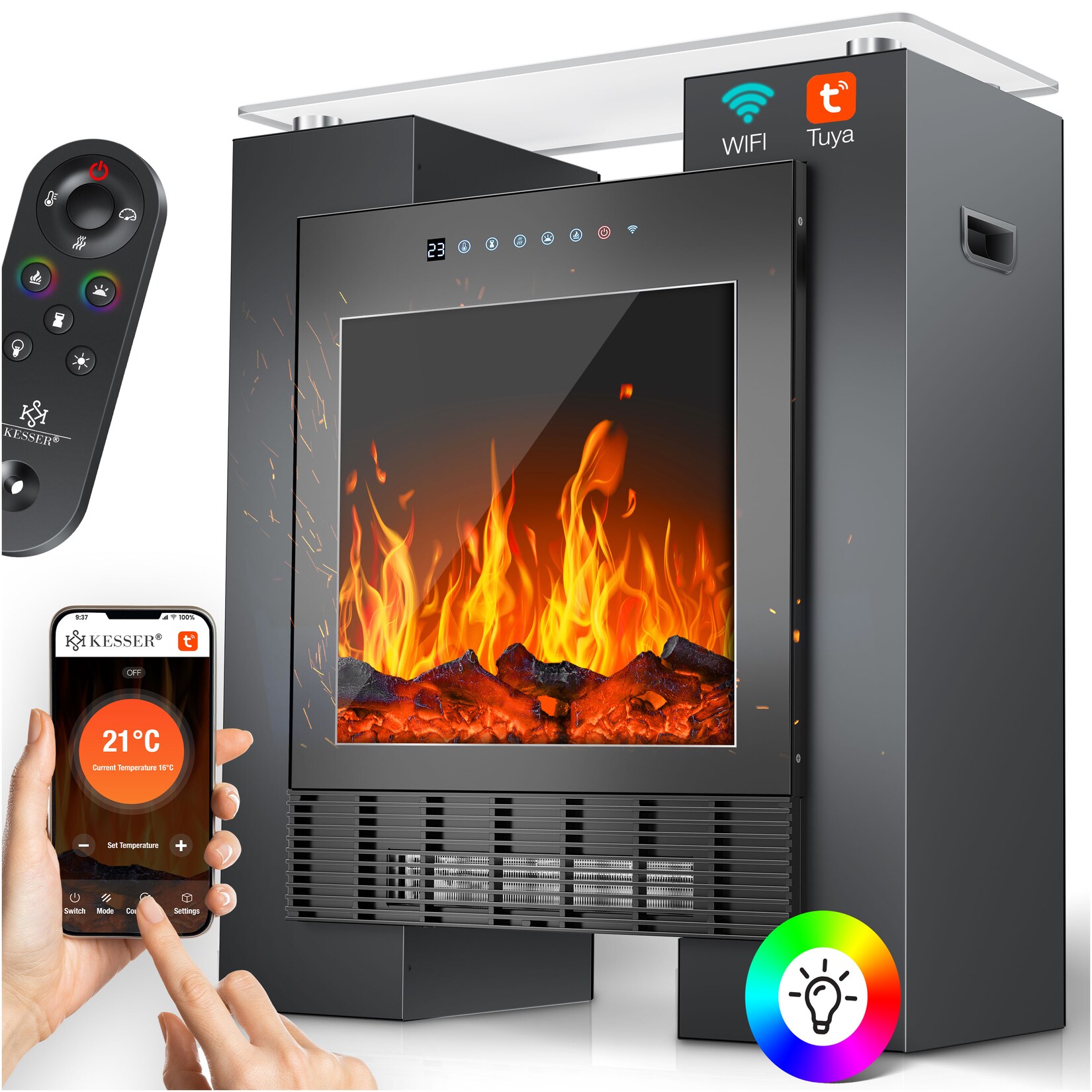 KESSER® LED Kamin mit Heizung elektrisch Heizlüfter Elektrokamin mit Thermostat, Standkamin mit realistischem Feuer -/ Flammeneffekt per App + Fernbedienung & WLAN – mit Timer,15-35°C