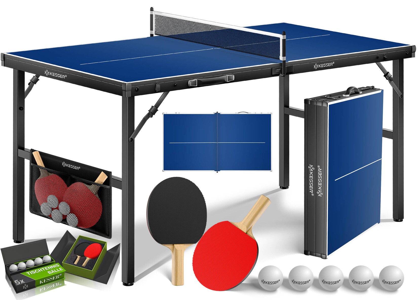 KESSER® Tischtennisplatte Mini mit Tischtennisschläger-Set, Tischtennisbällen und TT-Netz Indoor Unterwegs, laminierte Platte + klappbar – Kofferdesign, Kinder und Erwachsene – 153 x 76,5 cm