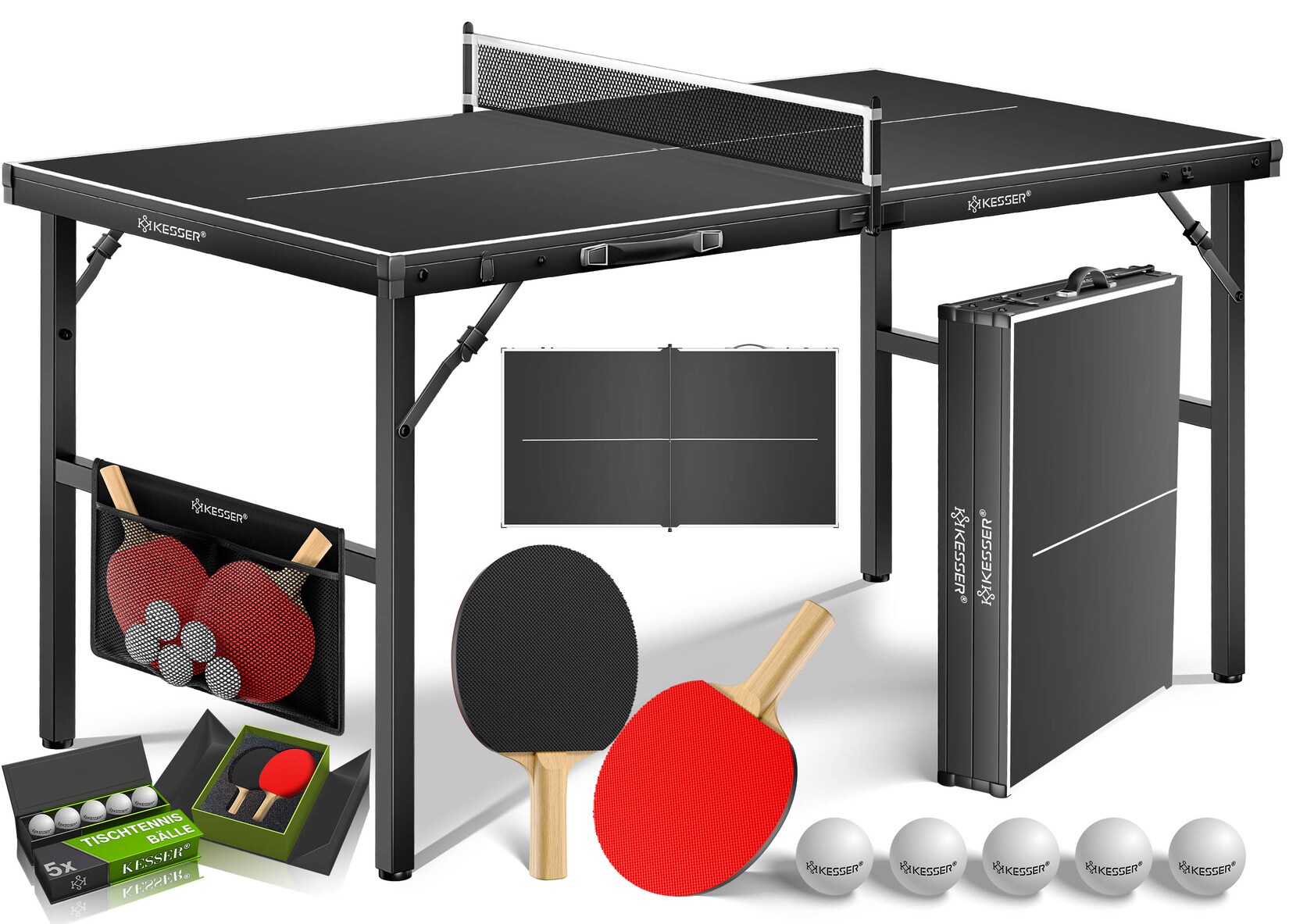 KESSER® Tischtennisplatte Mini mit Tischtennisschläger-Set, Tischtennisbällen und TT-Netz Indoor Unterwegs, laminierte Platte + klappbar – Kofferdesign, Kinder und Erwachsene – 153 x 76,5 cm