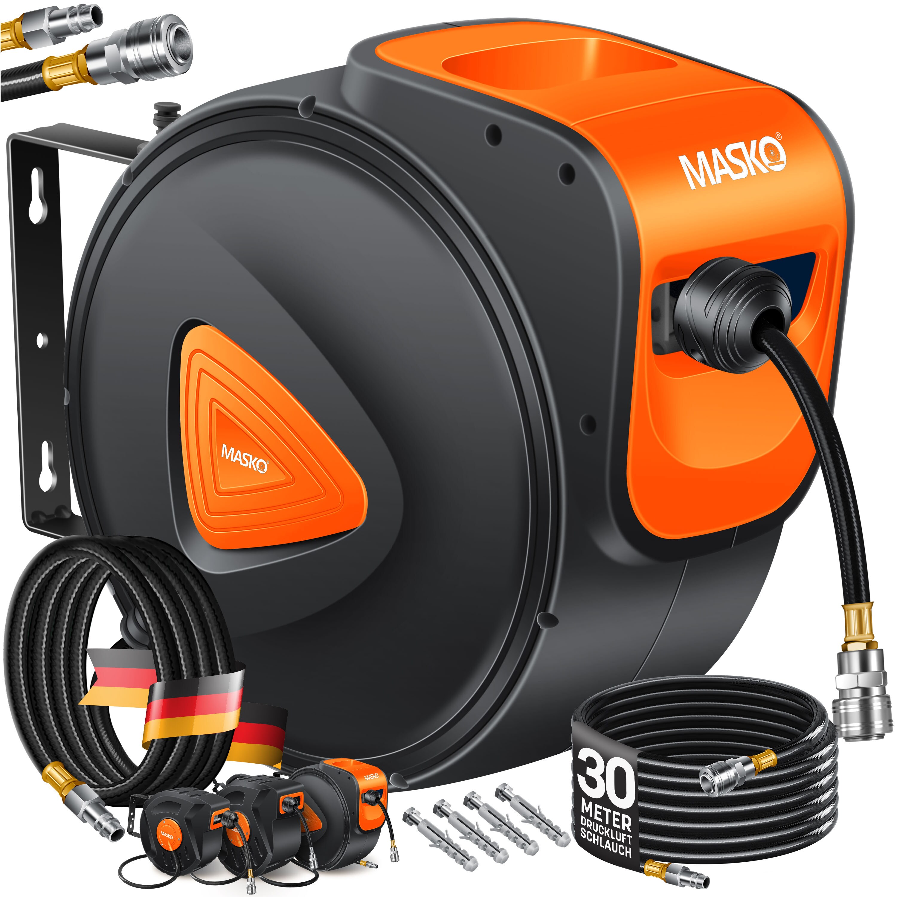 MASKO&reg; Automatik Druckluftschlauch Aufroller &ndash; Schlauchtrommel mit 1/4" Anschluss, Schlauchaufroller, Wandhalterung, Tragegriff, 180&deg; schwenkbar, Schlauchbremse, vormontiert & sofort einsatzbereit - Bild 1