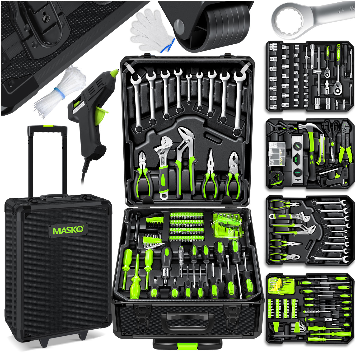 MASKO&reg; Werkzeugkoffer 1400-teilig gef&uuml;llt | Werkzeugset im Aluminiumkoffer | Werkzeugkasten mit Rollen | Werkzeugkiste Haushalt, Haus, Hobby, KFZ | Trolley-Funktion | Profi Werkzeugwagen Handwerkzeug - Bild 1
