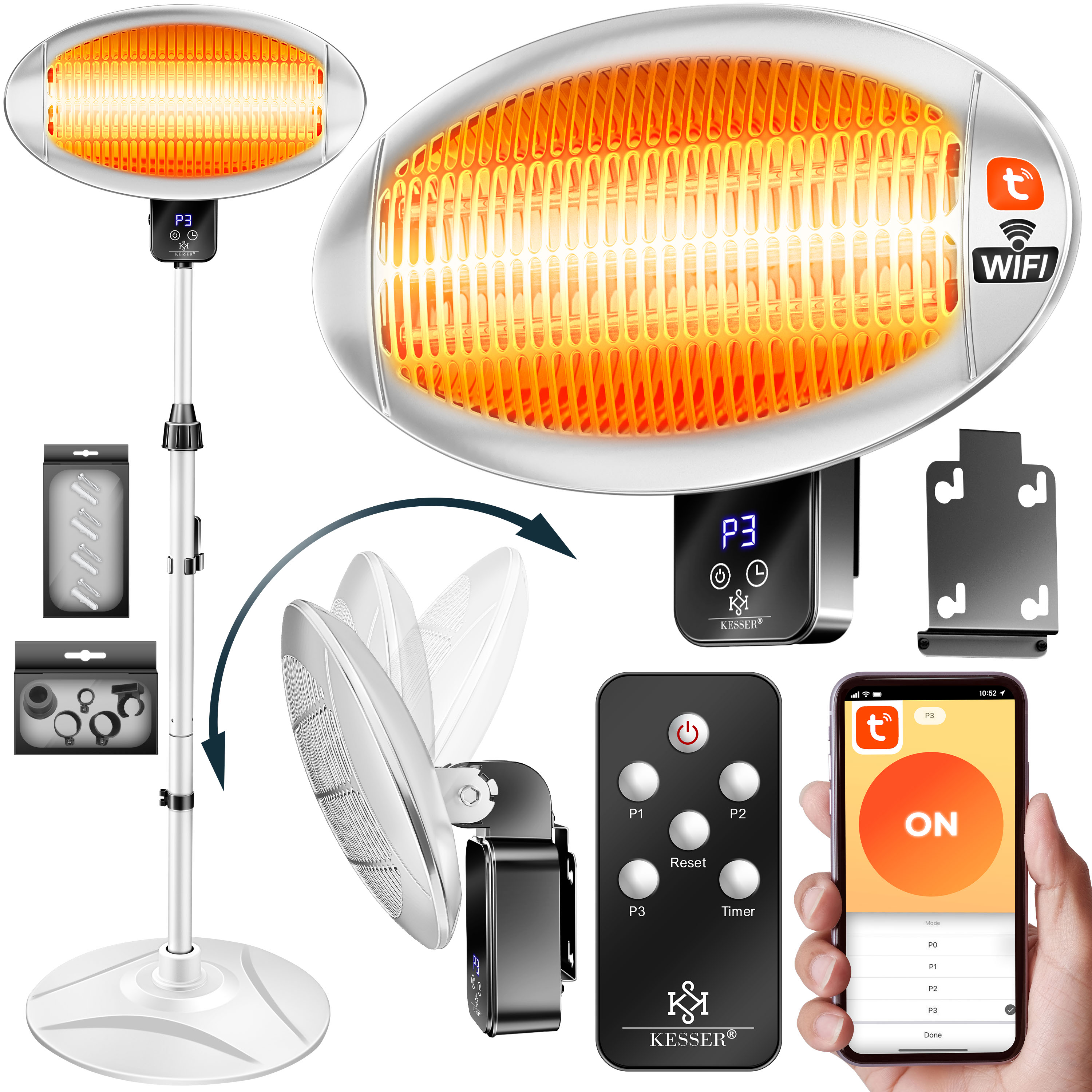 KESSER&reg; Infrarot Heizstrahler 2000W Terrassenstrahler mit WIFI & Fernbedienung 360&deg; drehbar, h&ouml;henverstellbar, Stand- & Wandmontage Kippschutz, IPX4 spritzwassergesch&uuml;tzt W&auml;rmestrahler Balkon & Garten - Bild 1