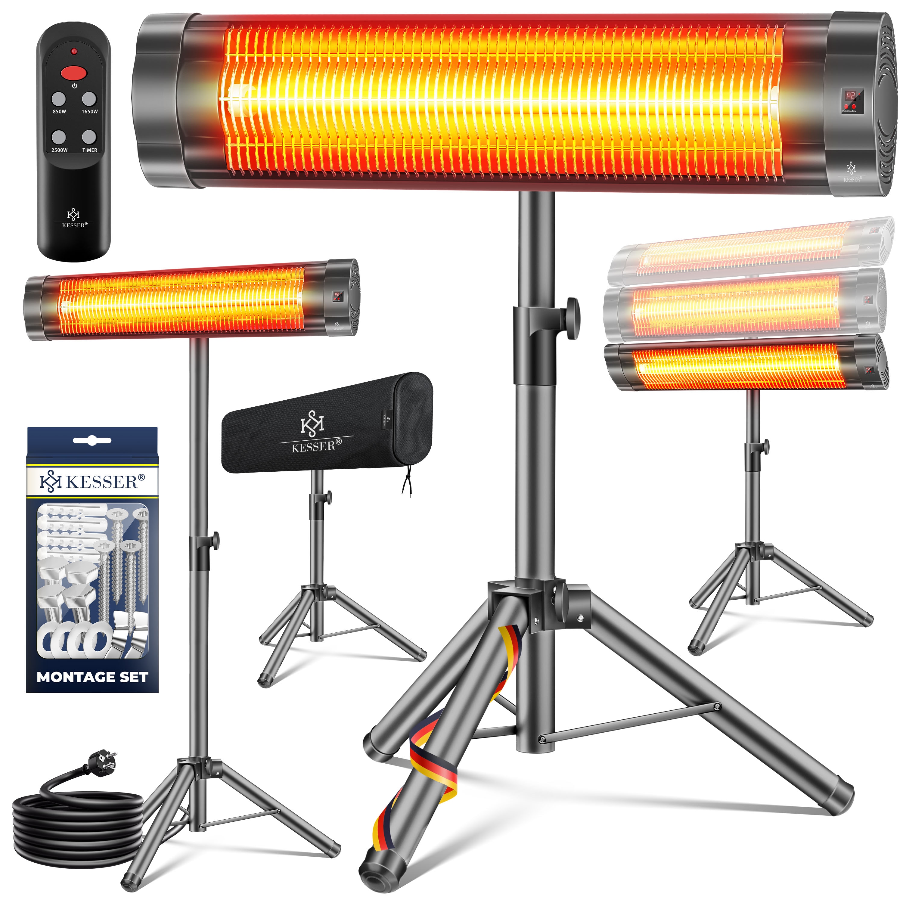 KESSER&reg; Infrarotstrahler Heizstrahler Terrassenstrahler 2500W mit Fernbedienung inkl. Schutzh&uuml;lle h&ouml;henverstellbarem Teleskopstativ Wickeltischstrahler Terrassenheizer Quarzstrahler Infrarot - Bild 1