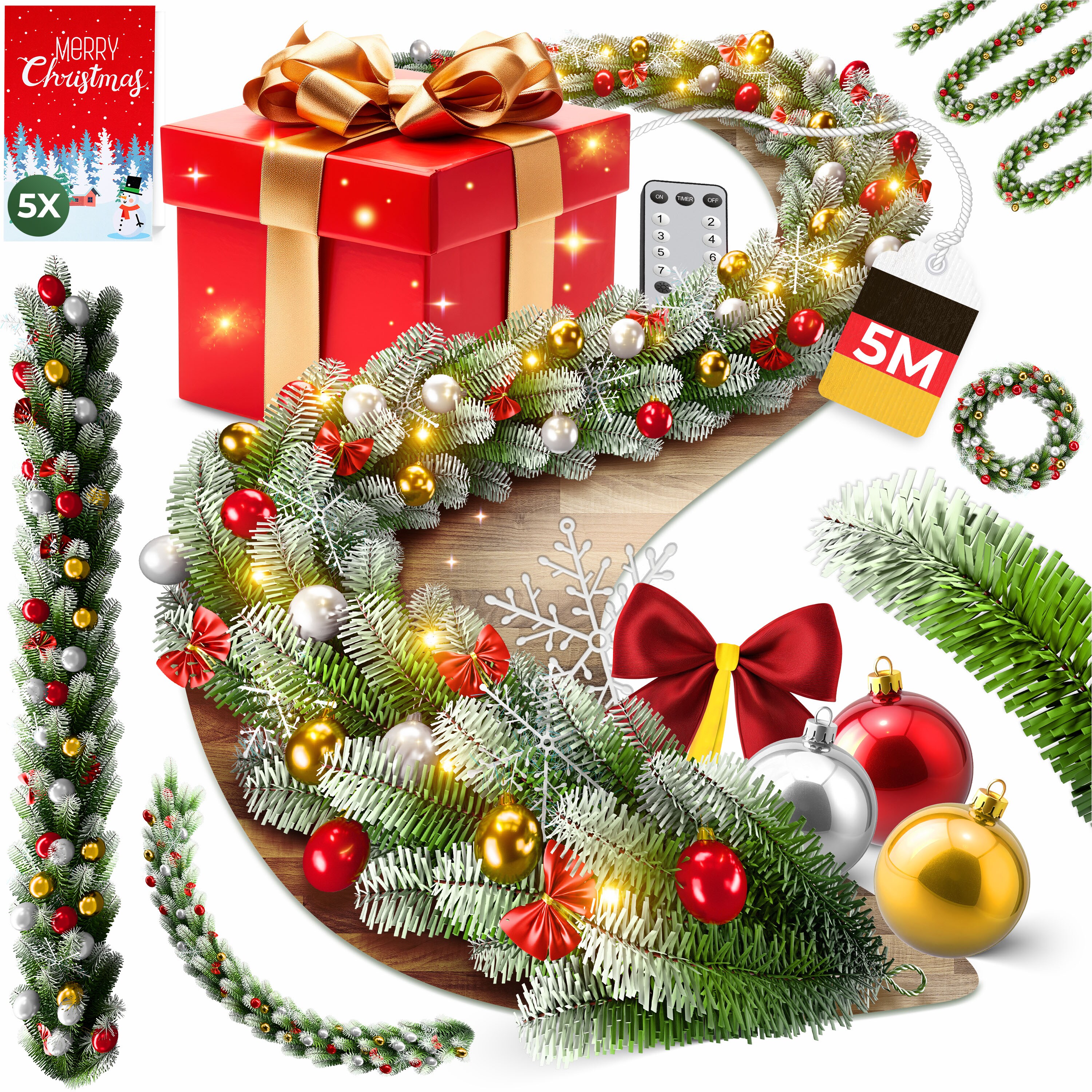 KESSER&reg; Weihnachtsgirlande mit LED &ndash; 5&nbsp;m oder 10&nbsp;m, 100&ndash;200 LEDs, IP44, naturgr&uuml;n, mit Schnee-Effekt je nach Modell, f&uuml;r Outdoor & Indoor, mit Fernbedienung & Weihnachtsdeko je nach Variante - Bild 1