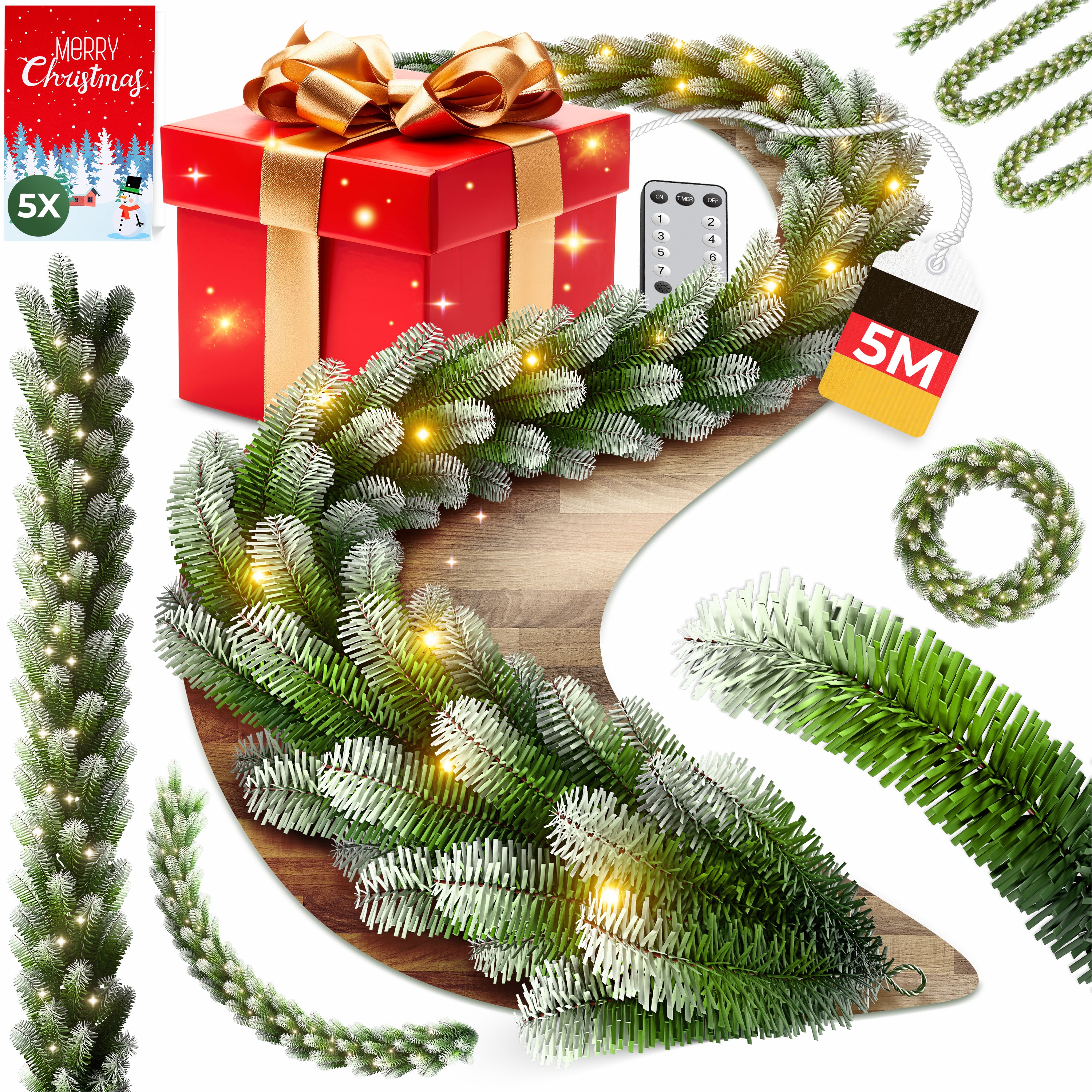 KESSER&reg; Weihnachtsgirlande mit LED &ndash; 5&nbsp;m oder 10&nbsp;m, 100&ndash;200 LEDs, IP44, naturgr&uuml;n, mit Schnee-Effekt je nach Modell, f&uuml;r Outdoor & Indoor, mit Fernbedienung & Weihnachtsdeko je nach Variante - Bild 1