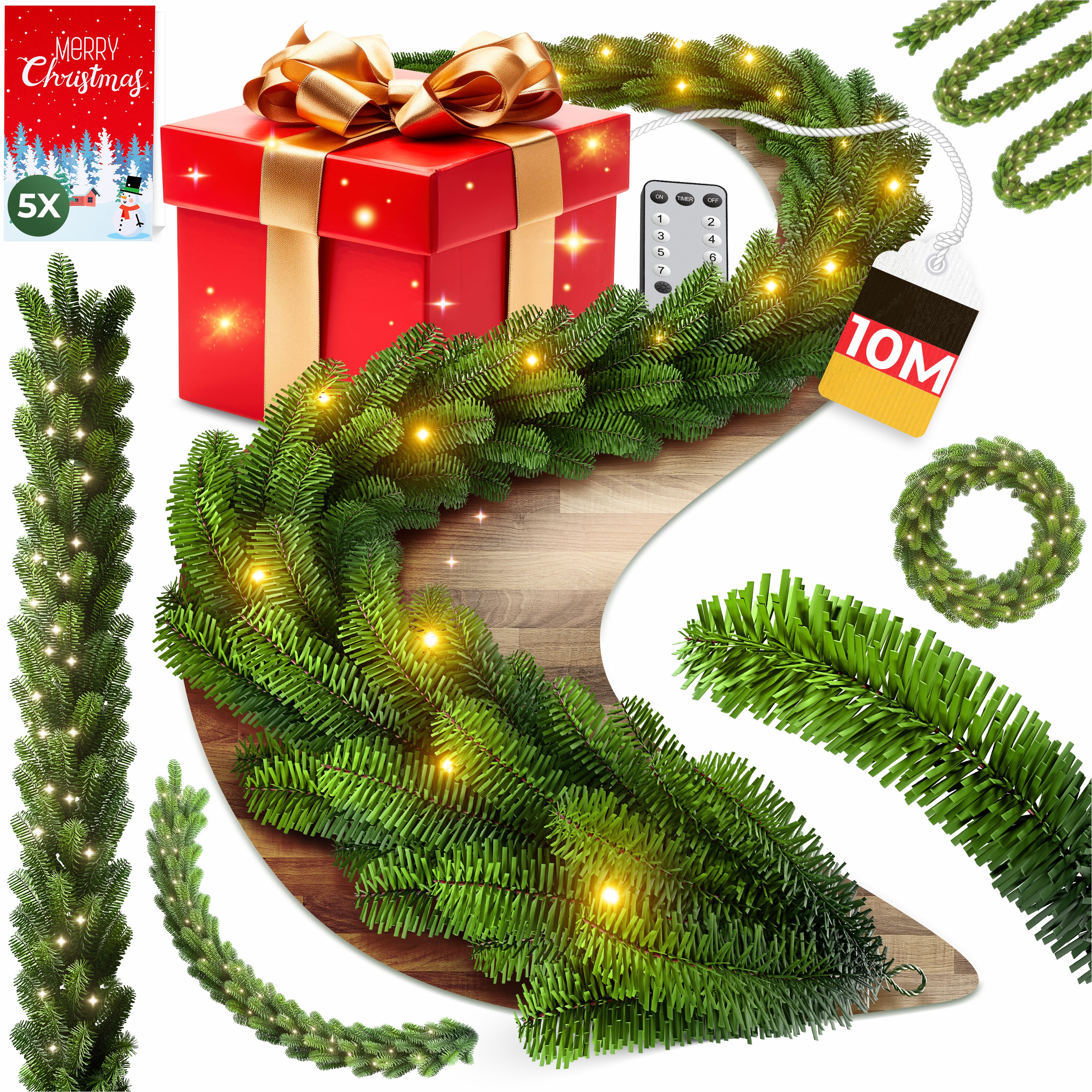 KESSER&reg; Weihnachtsgirlande mit LED &ndash; 5&nbsp;m oder 10&nbsp;m, 100&ndash;200 LEDs, IP44, naturgr&uuml;n, mit Schnee-Effekt je nach Modell, f&uuml;r Outdoor & Indoor, mit Fernbedienung & Weihnachtsdeko je nach Variante - Bild 1