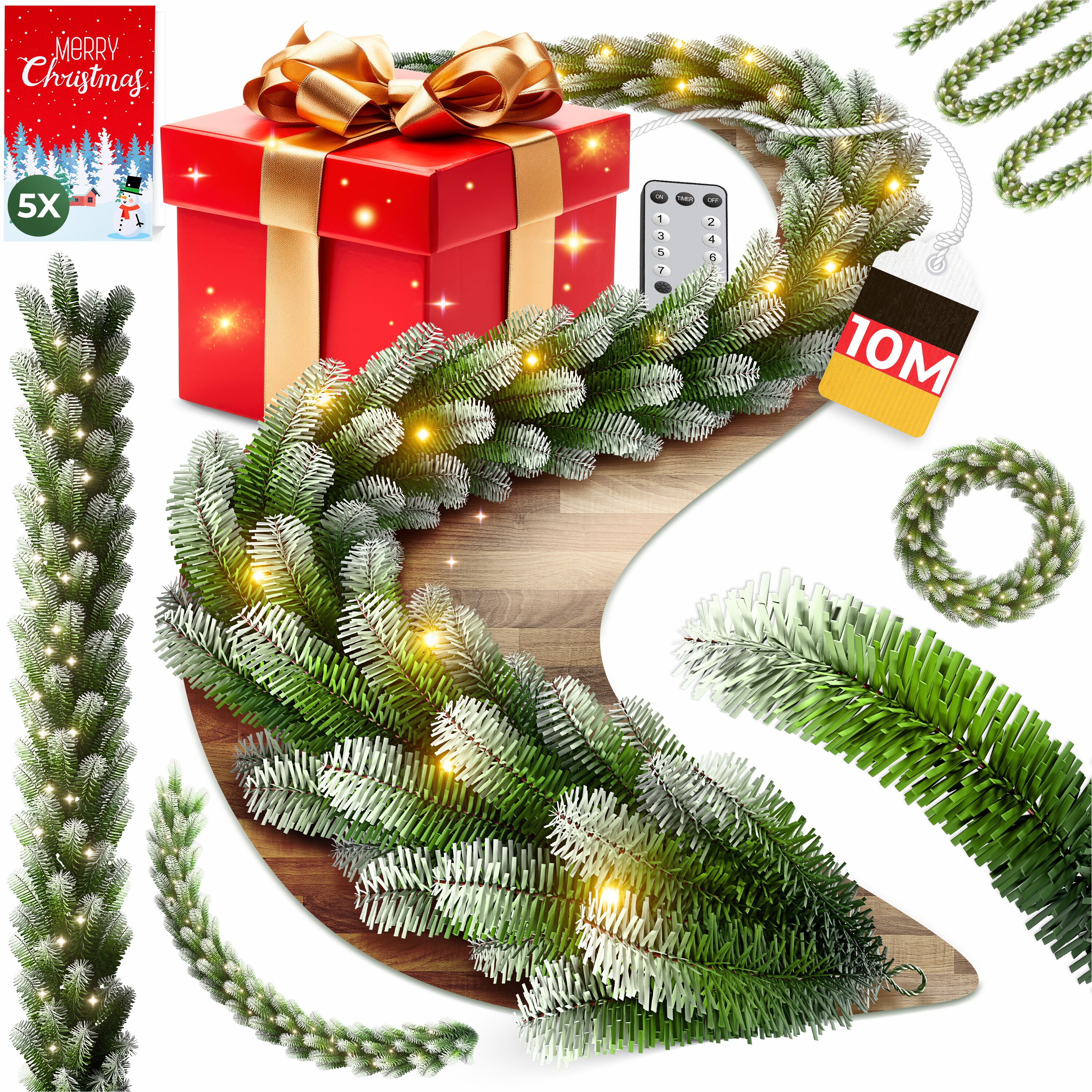 KESSER&reg; Weihnachtsgirlande mit LED &ndash; 5&nbsp;m oder 10&nbsp;m, 100&ndash;200 LEDs, IP44, naturgr&uuml;n, mit Schnee-Effekt je nach Modell, f&uuml;r Outdoor & Indoor, mit Fernbedienung & Weihnachtsdeko je nach Variante - Bild 1