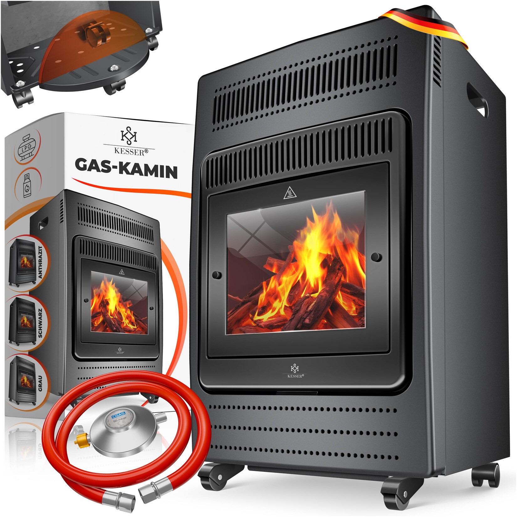 KESSER® Gasheizer Gasheizofen Heizstrahler 3,4 kW Gas Kamin  inkl. Gasdruckregler & Gasschlauch 2 Heizstufen Infrarot  3400W Gasheizstrahler Gasheizung Butan- oder Propangasflaschen bis 11kg Schwarz | 04255598361323