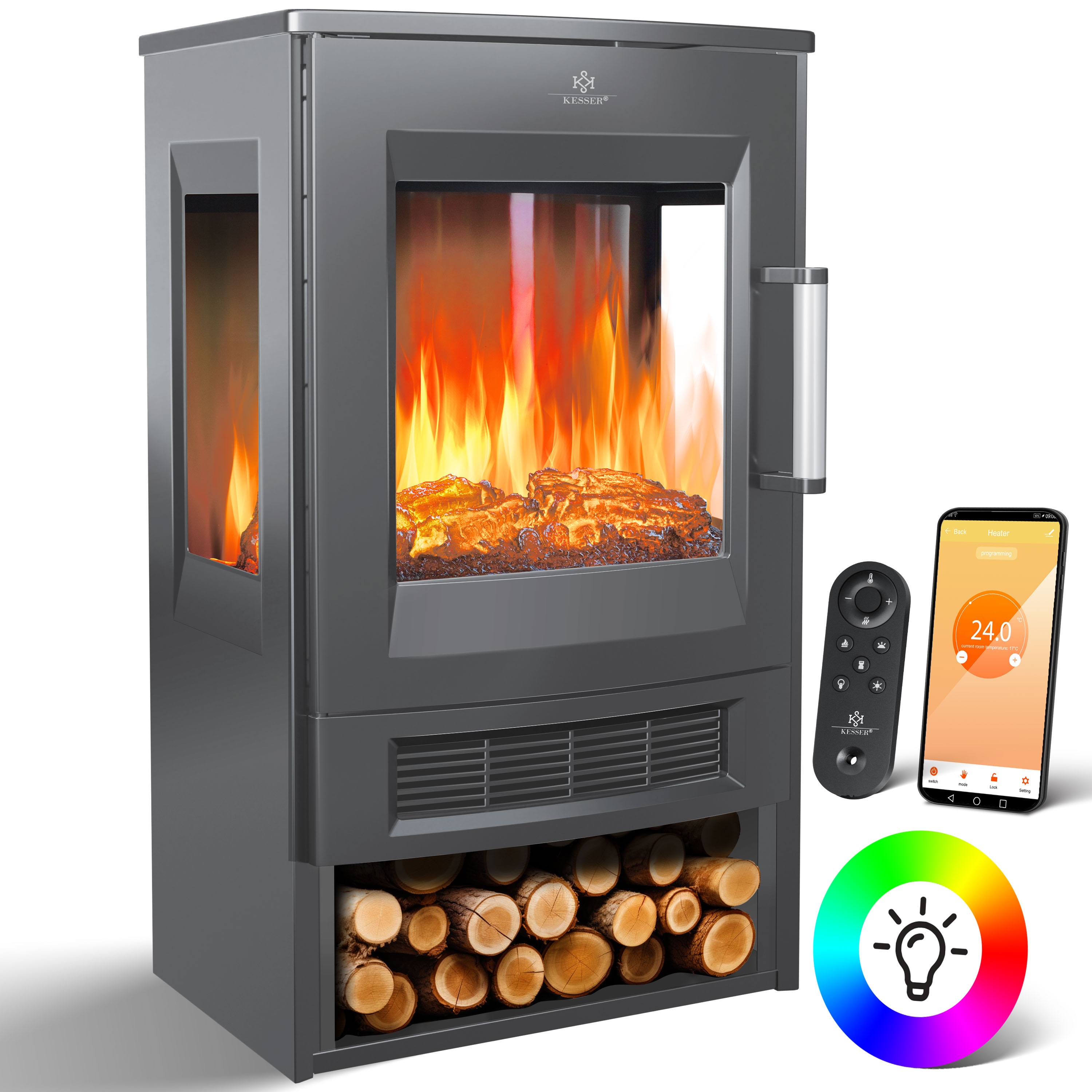 KESSER&reg; Elektrokamin mit Heizung Panorama-Sichtfenster Heizl&uuml;fter 9 LED-Flammeneffekt Farbmodi Fernbedienung WiFi App 900/1800W  Kaminfeuer elektrisch Elektro Kamin mit Thermostat Heizfunktion Timer - Bild 1