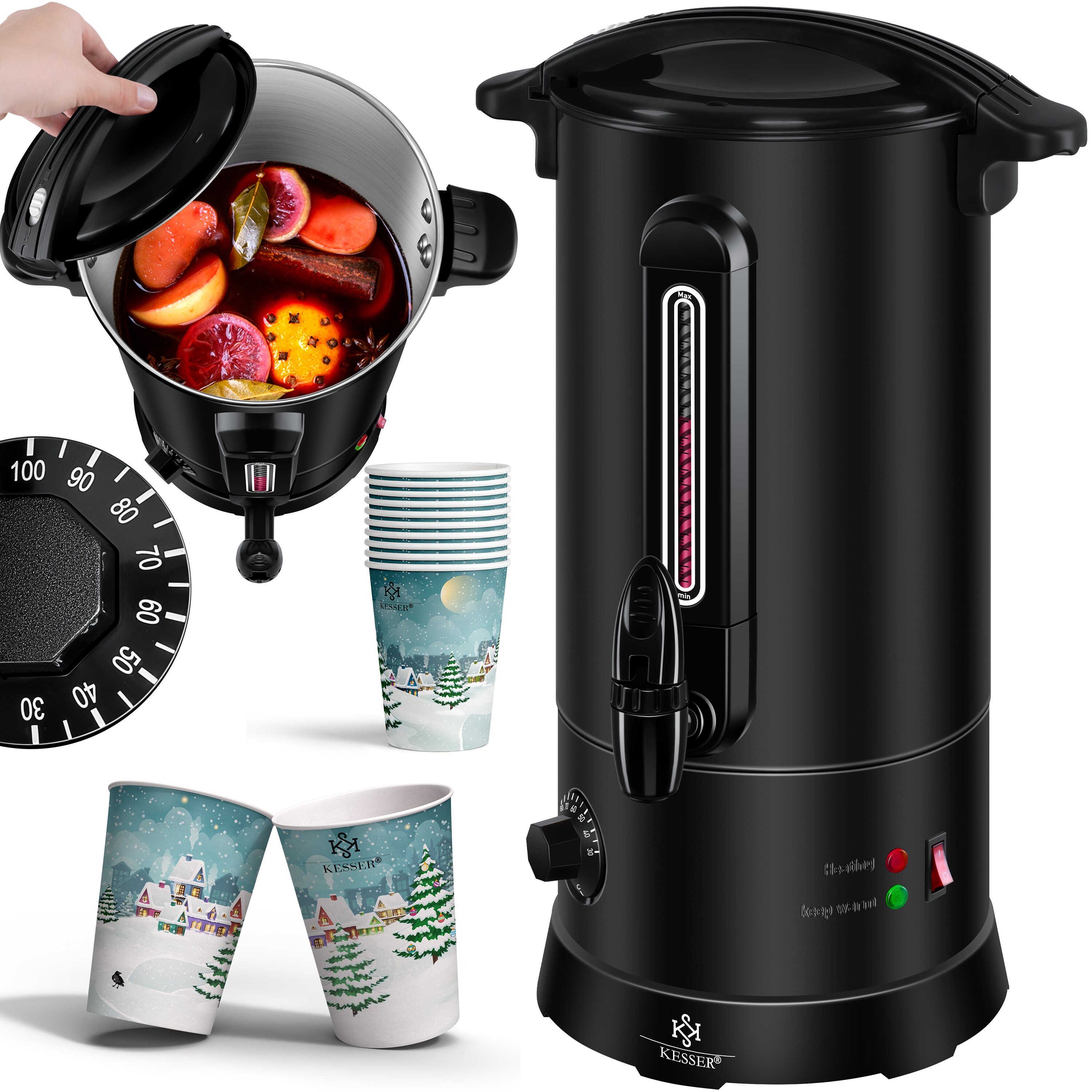 KESSER&reg; Gl&uuml;hweinkessel 10L&nbsp;Edelstahl Inkl. 10x Becher Gl&uuml;hweinkocher mit Thermostat Gl&uuml;hweinautomat Hei&szlig;getr&auml;nkeautomat Wasserkocher Hei&szlig;wasserspender Einkochautomat F&uuml;llstandanzeige Zapfhahn - Bild 1