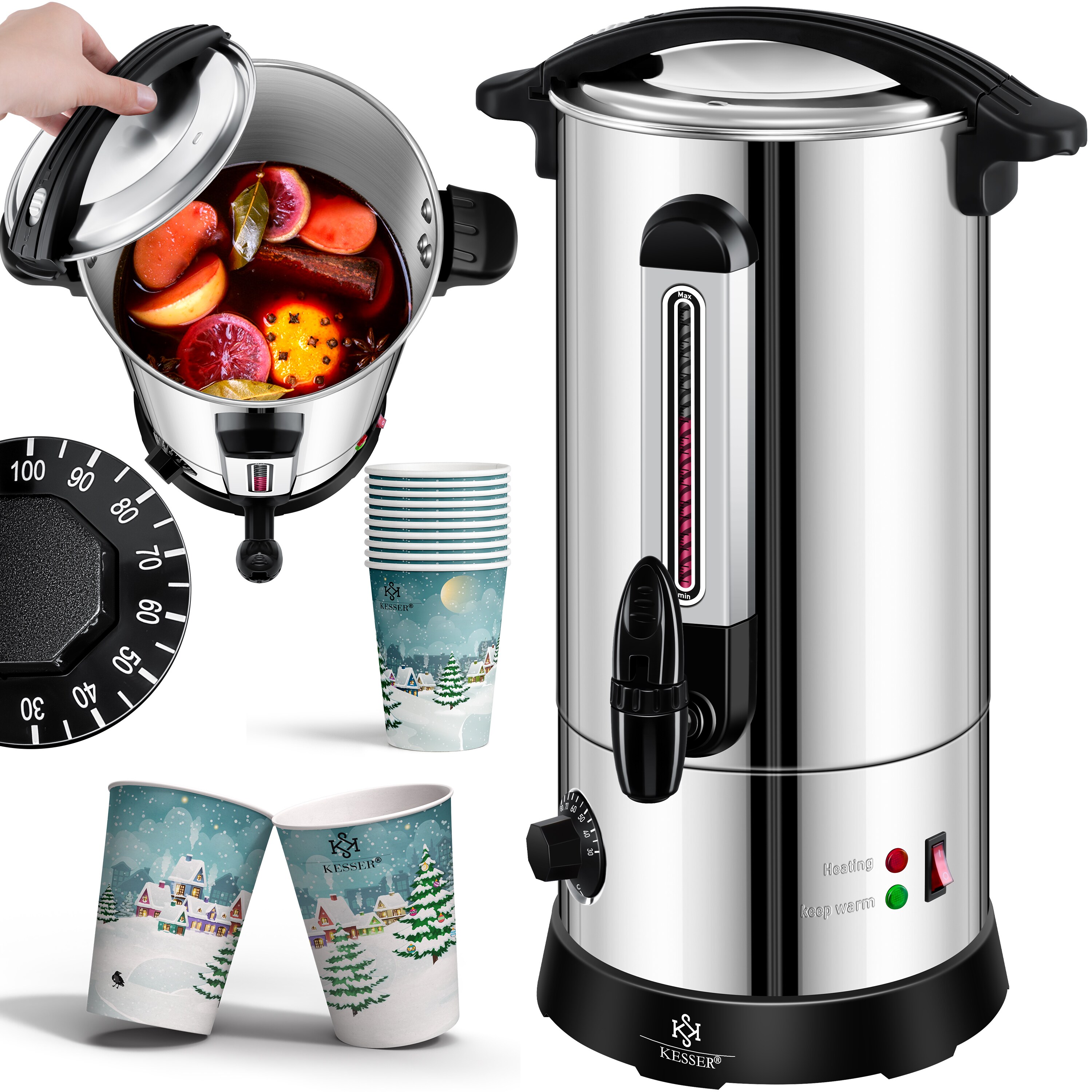 KESSER&reg; Gl&uuml;hweinkessel 10L&nbsp;Edelstahl Inkl. 10x Becher Gl&uuml;hweinkocher mit Thermostat Gl&uuml;hweinautomat Hei&szlig;getr&auml;nkeautomat Wasserkocher Hei&szlig;wasserspender Einkochautomat F&uuml;llstandanzeige Zapfhahn - Bild 1