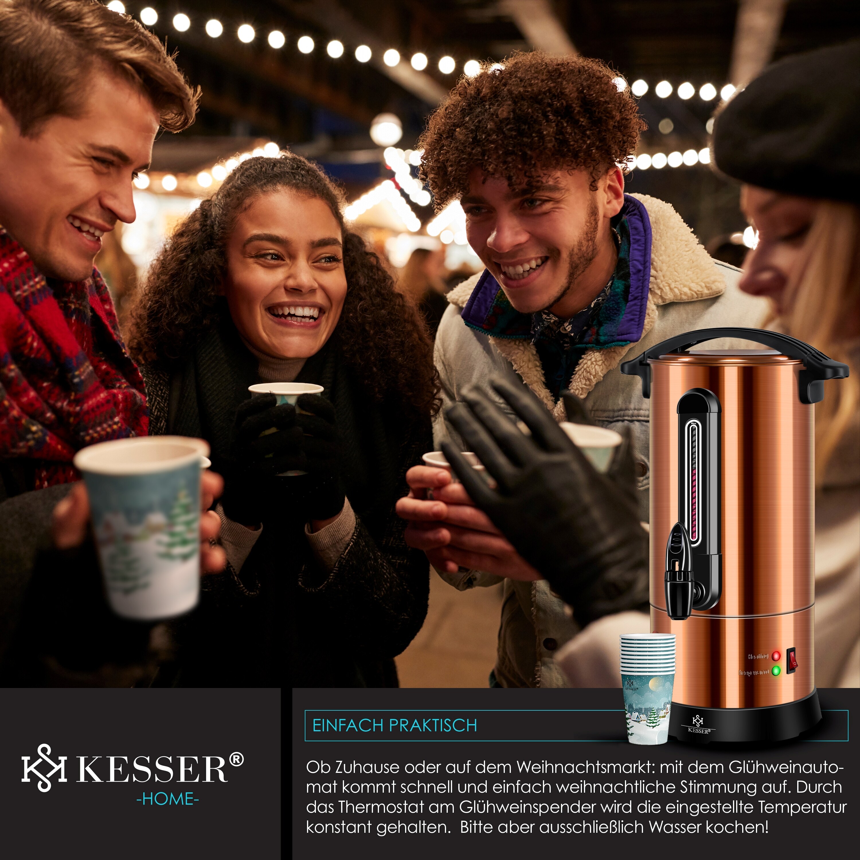 KESSER® Glühweinkessel 10L Edelstahl Inkl. 10x Becher Glühweinkocher mit Thermostat Glühweinautomat Heißgetränkeautomat Wasserkocher Heißwas