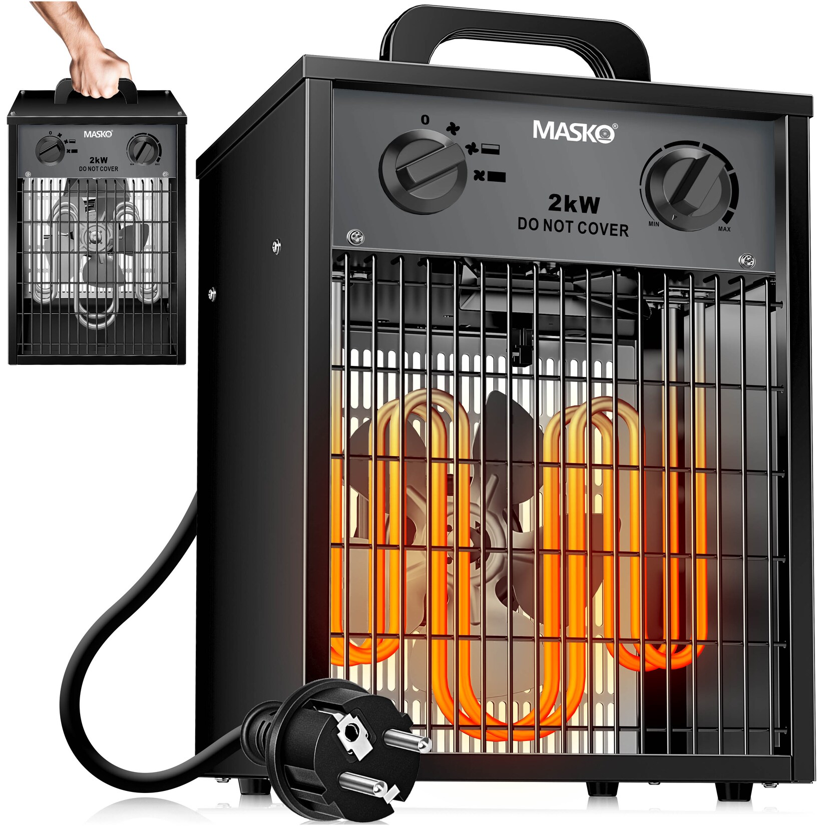 MASKO® Elektroheizer Heizlüfter Bauheizer mit integriertem Thermostat elektrisch Heizgerät mit 3 Heizstufen Heizgebläse für Innen- und Außeneinsatz Überlastschutz Elektroheizgebläse | 04255598355537