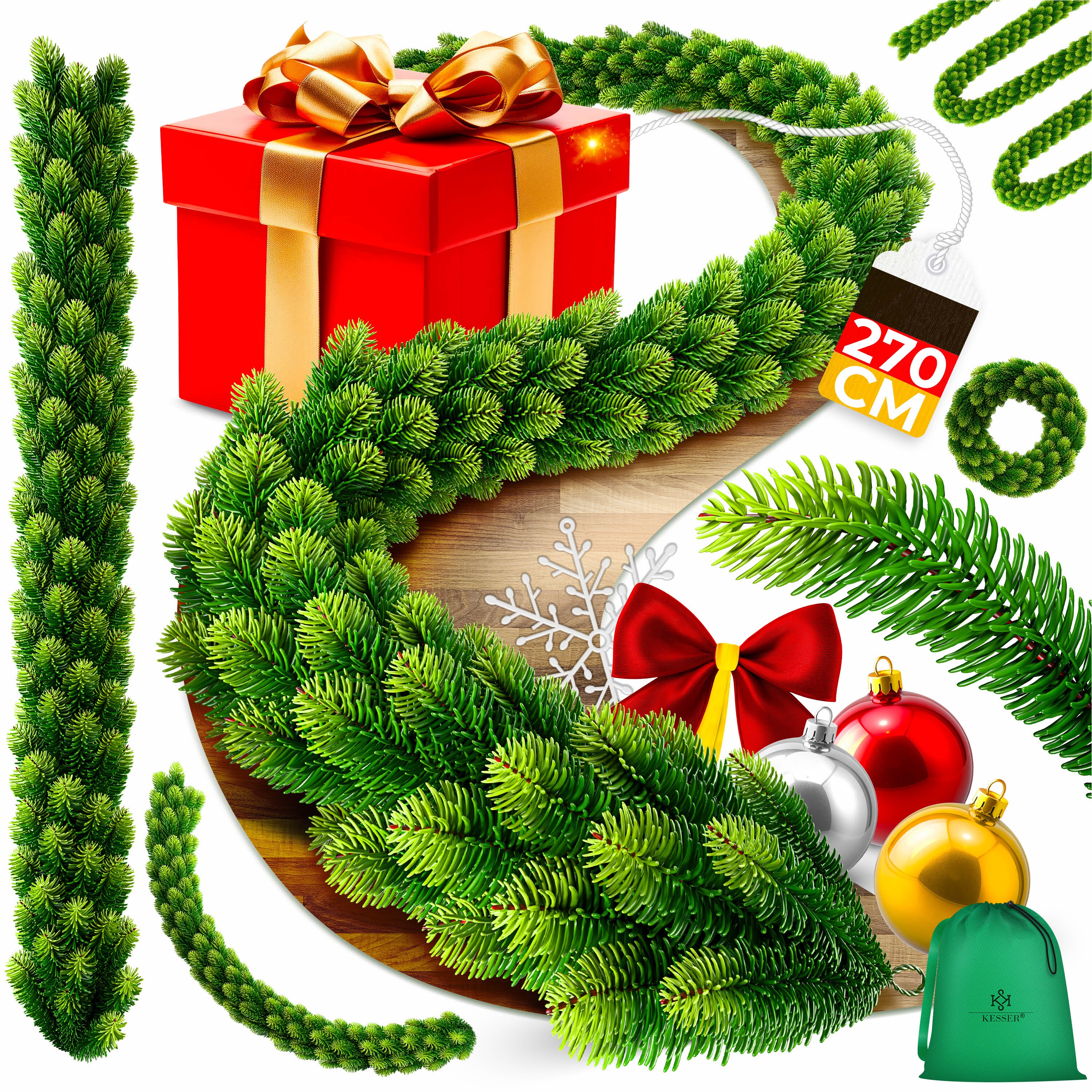 KESSER&reg; Weihnachtsgirlande | Naturgetreues Tannengr&uuml;n - wie echt - IP 44 Outdoor & Indoor Girlande - Treppen, T&uuml;r, Balkon, Weihnachtsdeko + Tasche - Dunkelgr&uuml;n - Bild 1