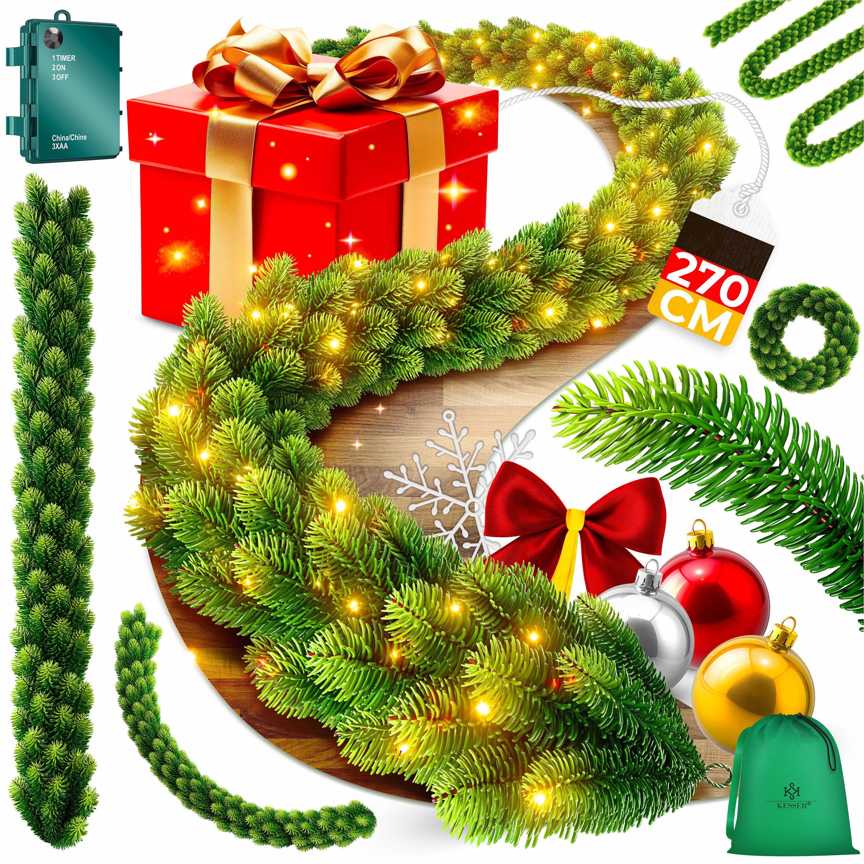 KESSER&reg; Weihnachtsgirlande | Naturgetreues Tannengr&uuml;n - wie echt - IP 44 Outdoor & Indoor Girlande - Treppen, T&uuml;r, Balkon, Weihnachtsdeko + Tasche - Dunkelgr&uuml;n - Bild 1
