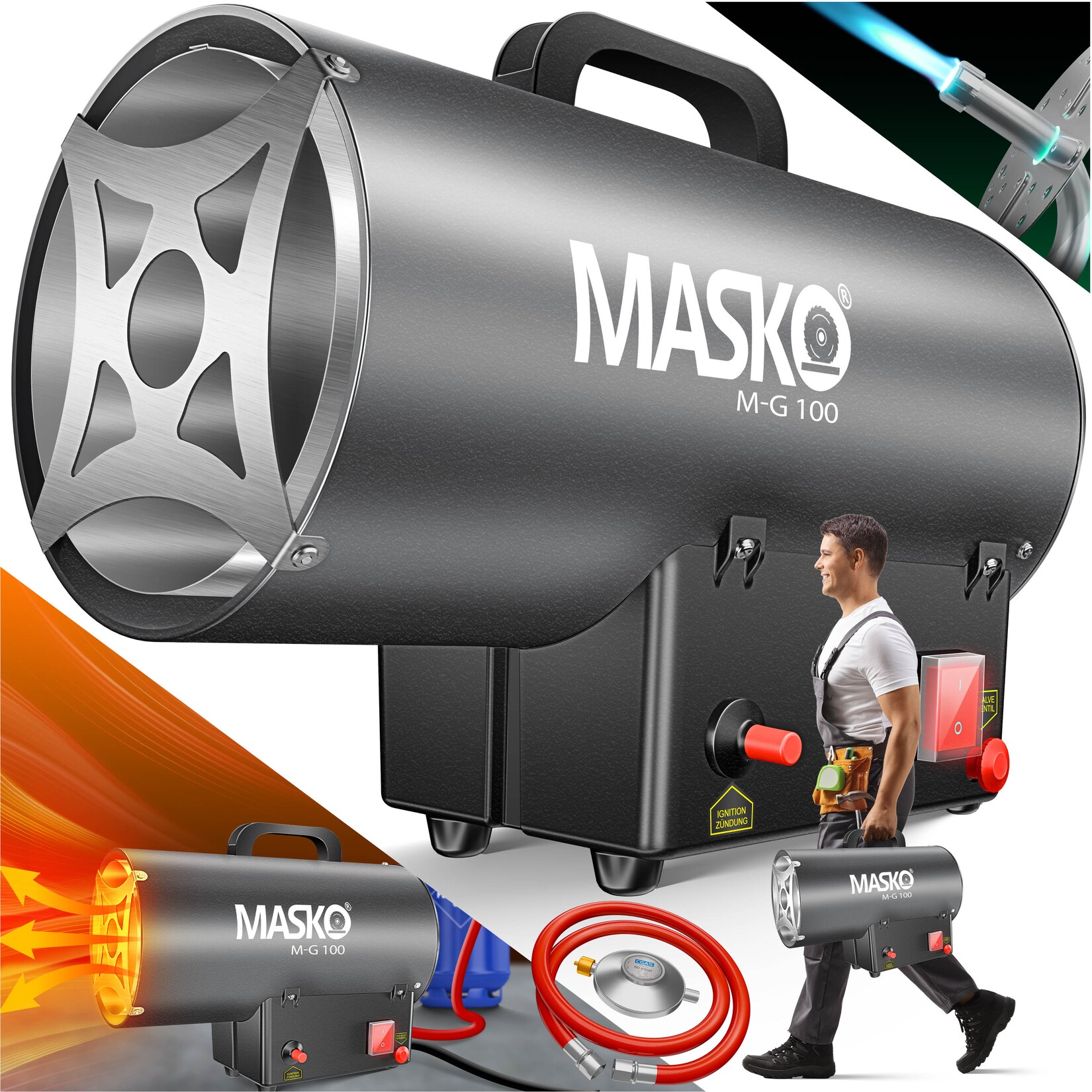 MASKO® Gasheizgebläse Gasheizer Heizkanone Gasheizstrahler Bauheizer Gas Heizgerät heizstrahler Heißluftgenerator inkl. Gasschlauch & Druckminderer Heizgebläse für handelsübliche Gasflaschen