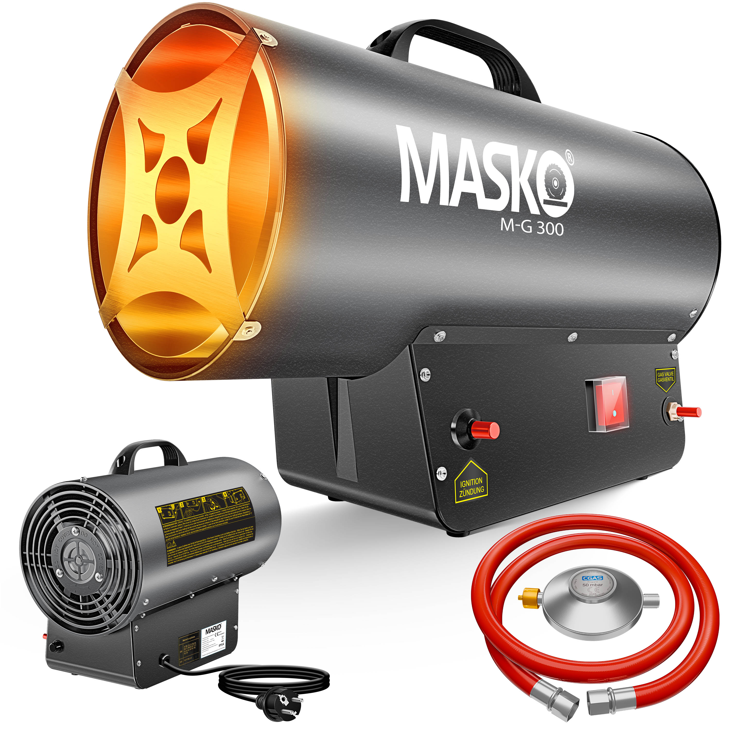 MASKO&reg; Gasheizgebl&auml;se Gasheizer Heizkanone Gasheizstrahler Bauheizer Gas Heizger&auml;t heizstrahler Hei&szlig;luftgenerator inkl. Gasschlauch & Druckminderer Heizgebl&auml;se f&uuml;r handels&uuml;bliche Gasflaschen - Bild 1