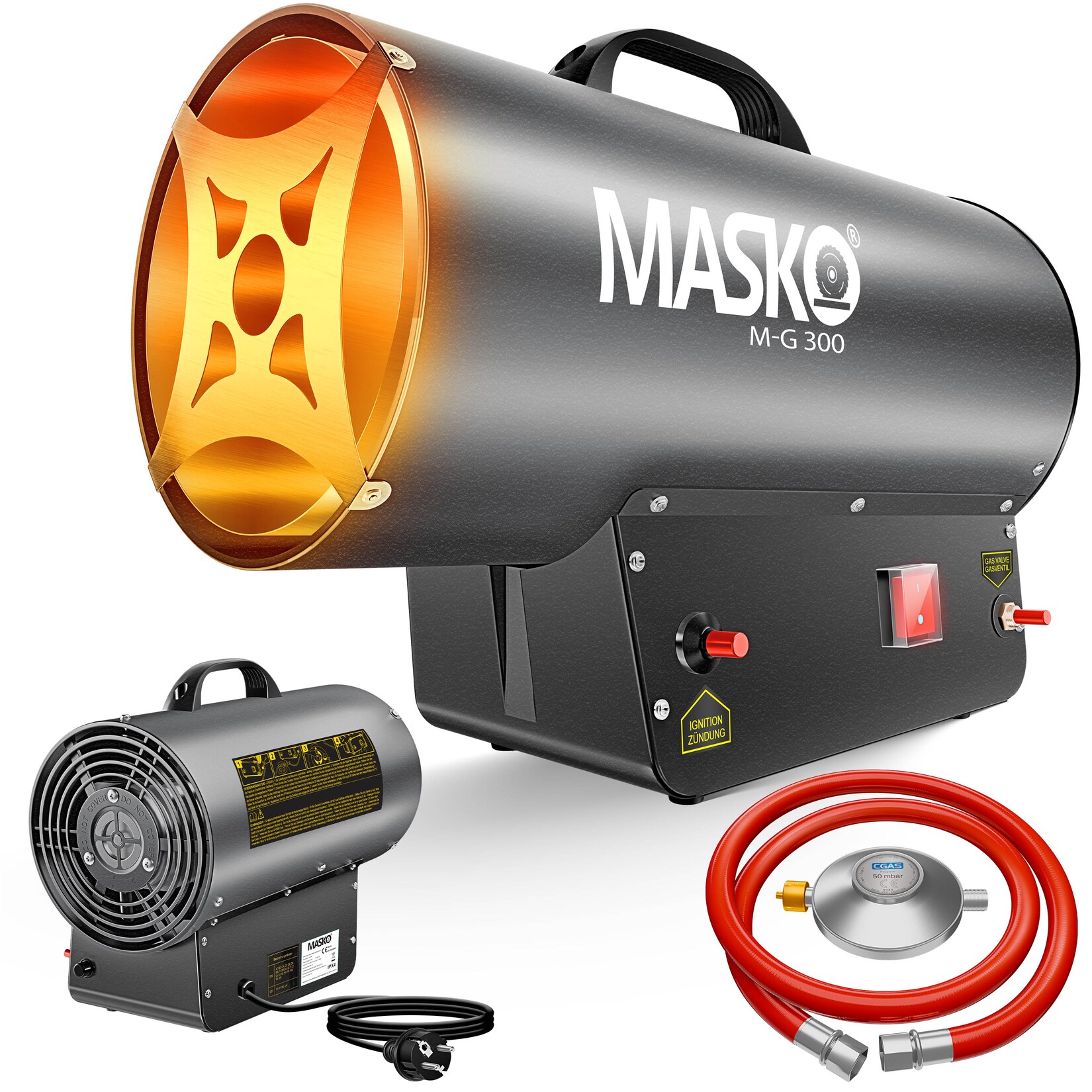 MASKO® Gasheizgebläse Gasheizer Heizkanone Gasheizstrahler Bauheizer Gas Heizgerät heizstrahler Heißluftgenerator inkl. Gasschlauch & Druckminderer Heizgebläse für handelsübliche Gasflaschen