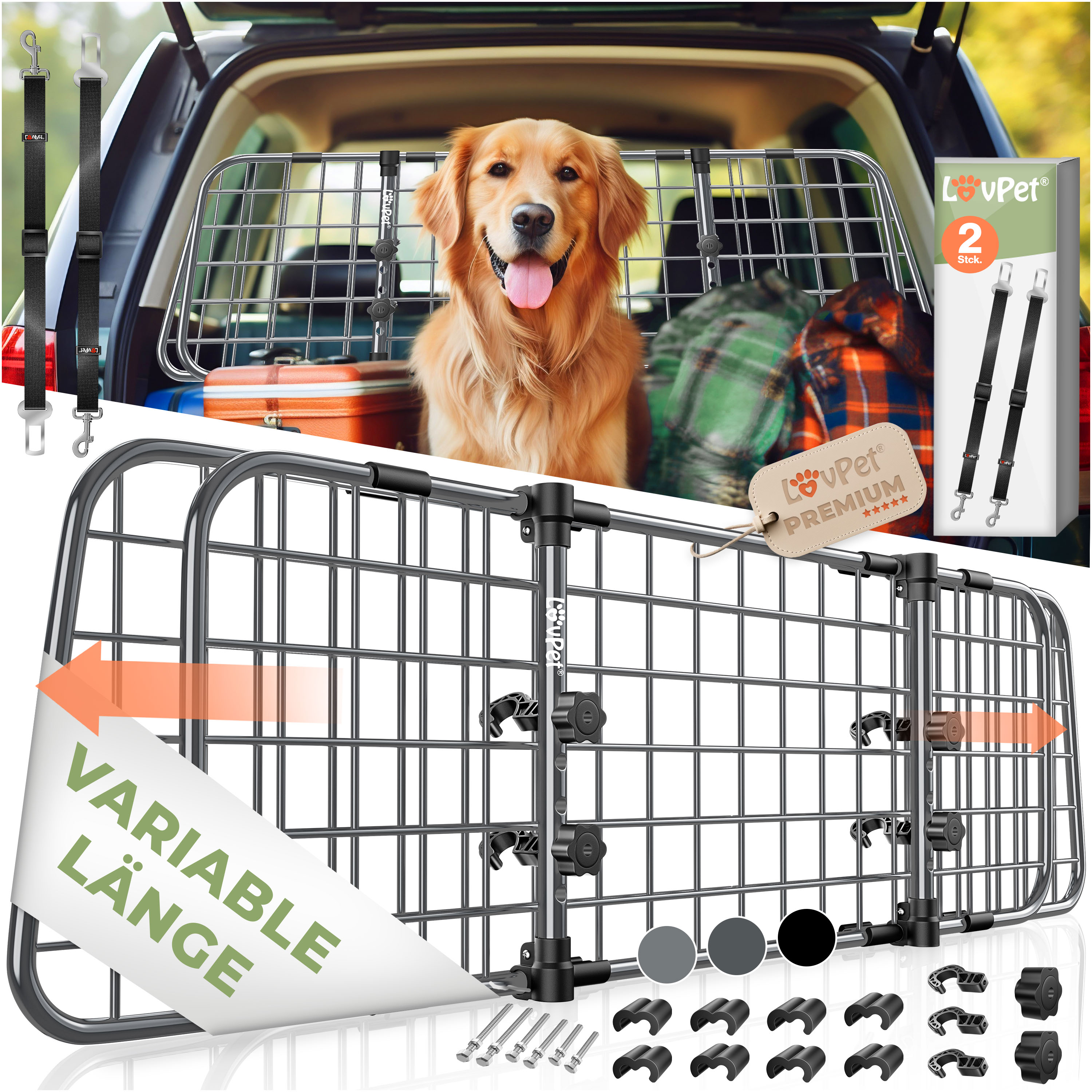 LovPet&reg; Hundegitter Auto, Autoschutzgitter Trenngitter Universal, verstellbare Breite, Kopfst&uuml;tze Kofferraum Autogitter Ma&szlig;e HxB 30 x 91-153 cm Kofferraumgitter,+ 2x Sicherheitsgurt f&uuml;r Hunde - Bild 1