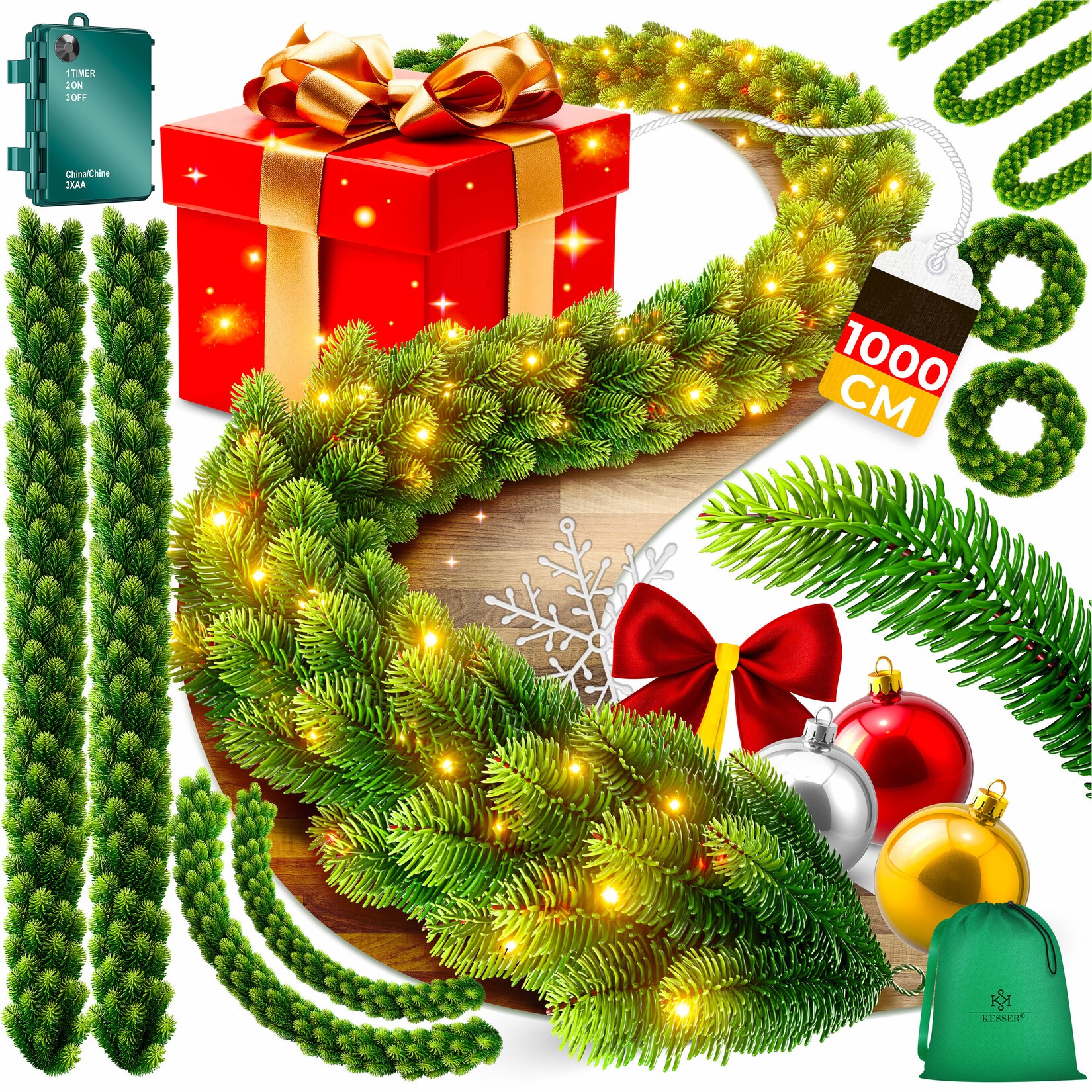 KESSER® Weihnachtsgirlande   Naturgetreues Tannengrün – wie echt – IP 44 Outdoor & Indoor Girlande – Treppen, Tür, Balkon, Weihnachtsdeko + Tasche – Dunkelgrün | 04255598367097
