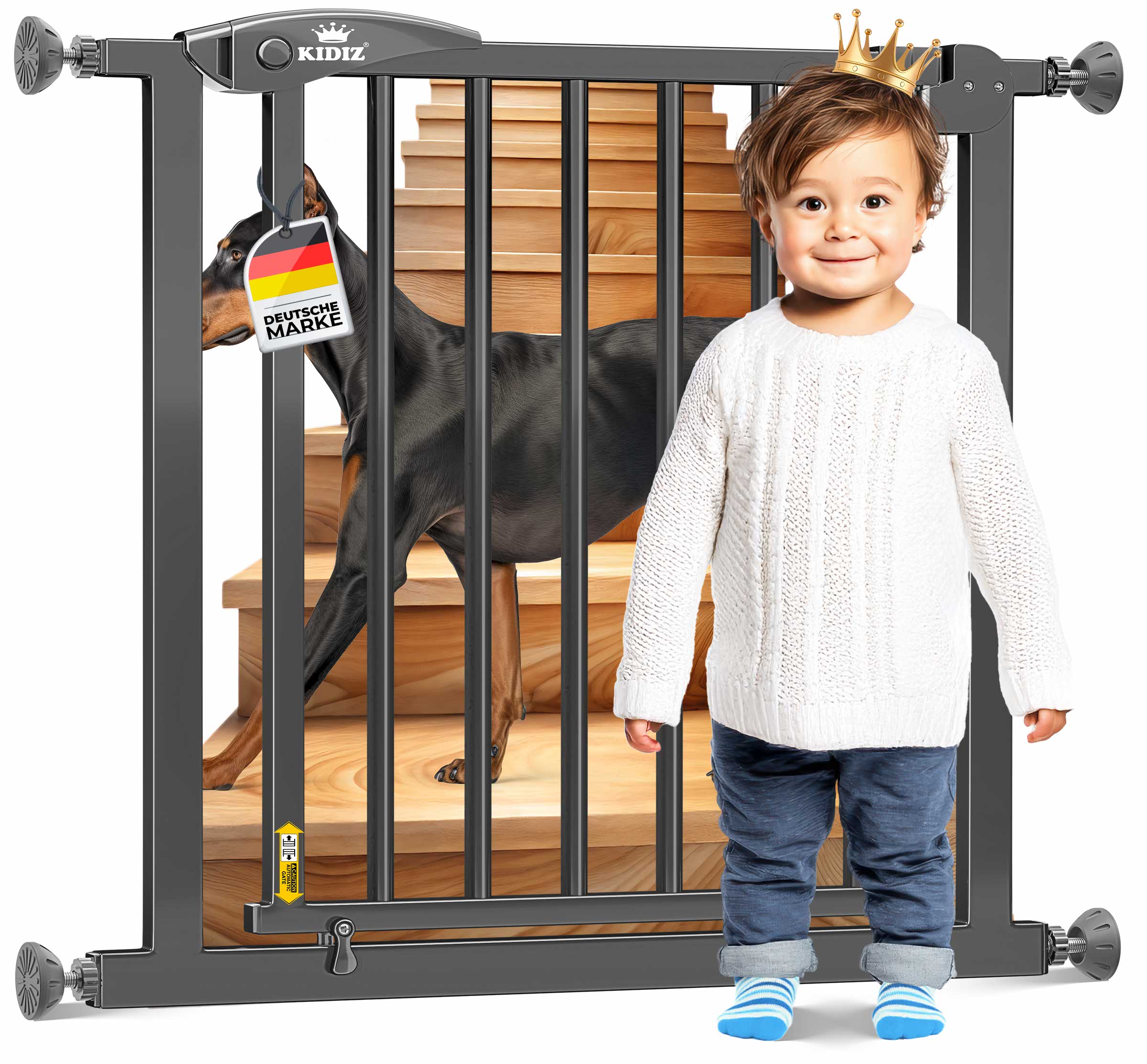KIDIZ&reg; Schutzgitter f&uuml;r Treppen | T&uuml;r, Auto Close Kindertreppengitter ohne Bohren | 90&deg; Stop, Absperr T&uuml;rschutzgitter, schwenkbare Trennwand, Treppenschutzgitter, Klemmen - Bild 1