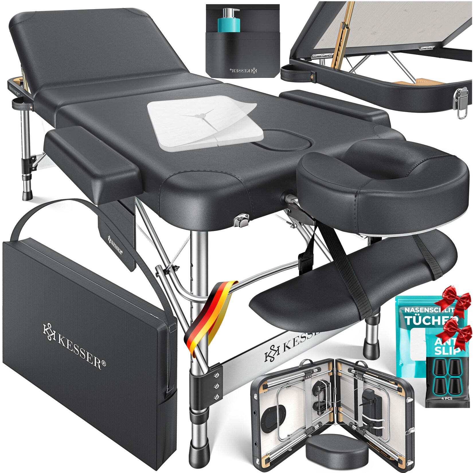 KESSER® Mobile Massageliege klappbar & höhenverstellbar 3 Zonen Massagebett Massagetisch Kosmetikliege Breit Therapieliege Aluminium + 10x Gesichtsauflage mit Kopfstütze Armlehnen & Tasche | 04255598355612
