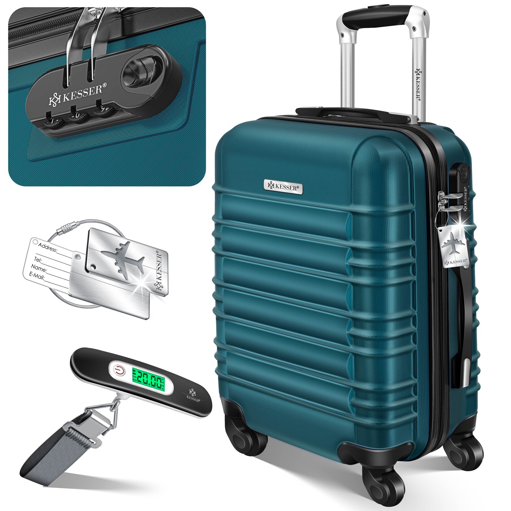 KESSER® Reisekoffer Hartschalen-Koffer Inkl. Kofferwaage + Gepäckanhänger Trolley Gepäck Rollkoffer Zahlenschloss 4 Rollen ABS-Hartschale Teleskopgriff