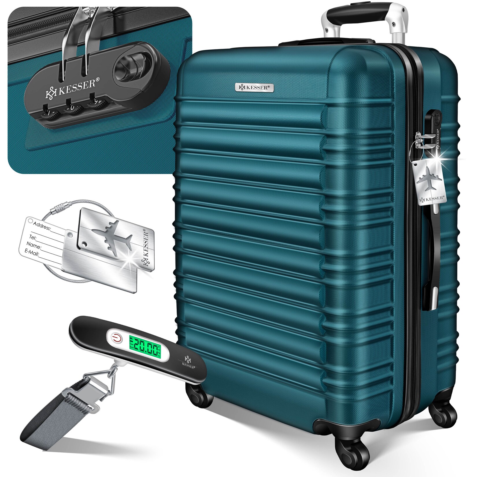 KESSER® Reisekoffer Hartschalen-Koffer Inkl. Kofferwaage + Gepäckanhänger Trolley Gepäck Rollkoffer Zahlenschloss 4 Rollen ABS-Hartschale Teleskopgriff