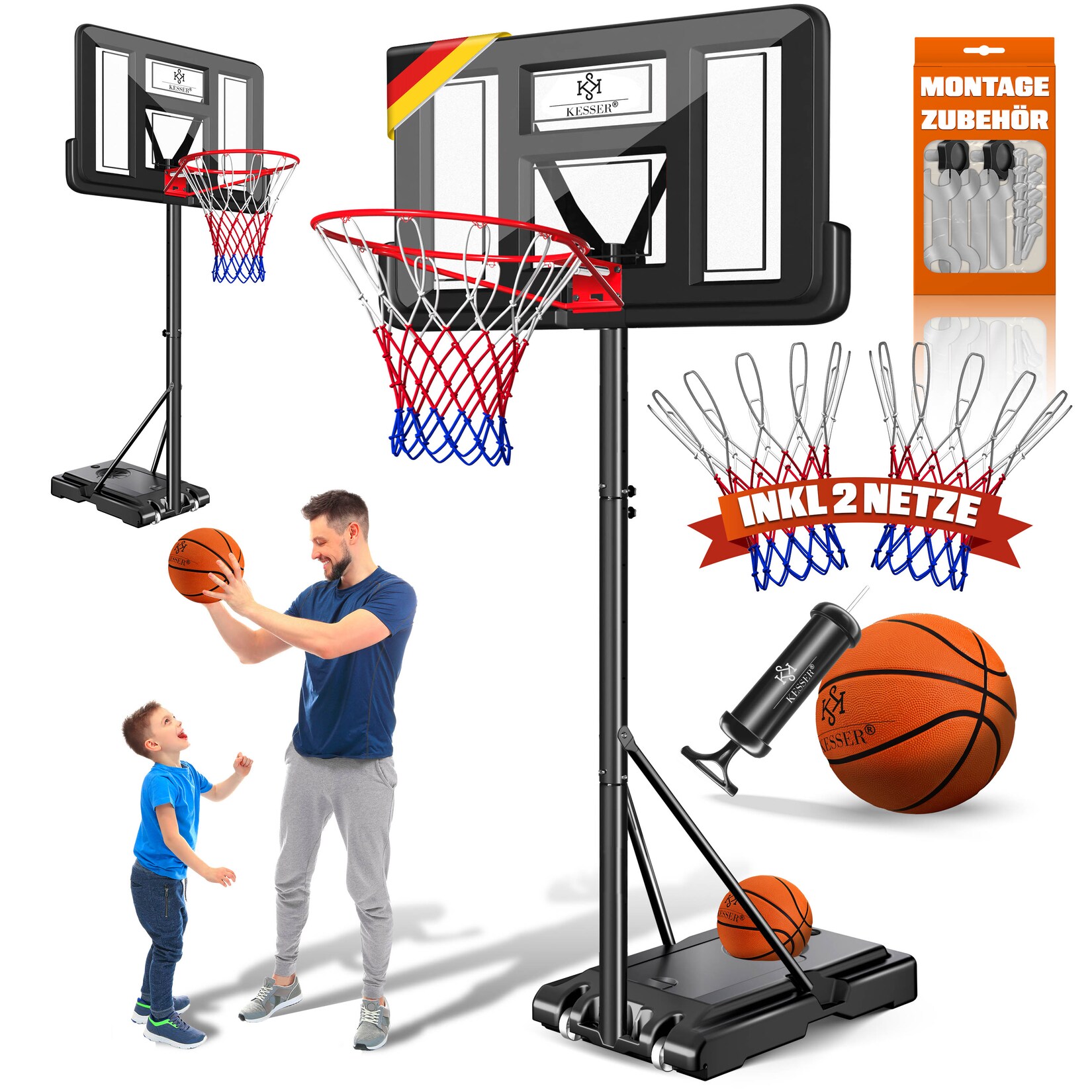 KESSER® Basketballkorb Set höhenverstellbar 160-210cm Mobiler Basketballständer mit Rollen, Backboard, Basketball, Pumpe & 2 Netzen - Indoor & Outdoor Basketballanlage für Kinder & Erwachsene