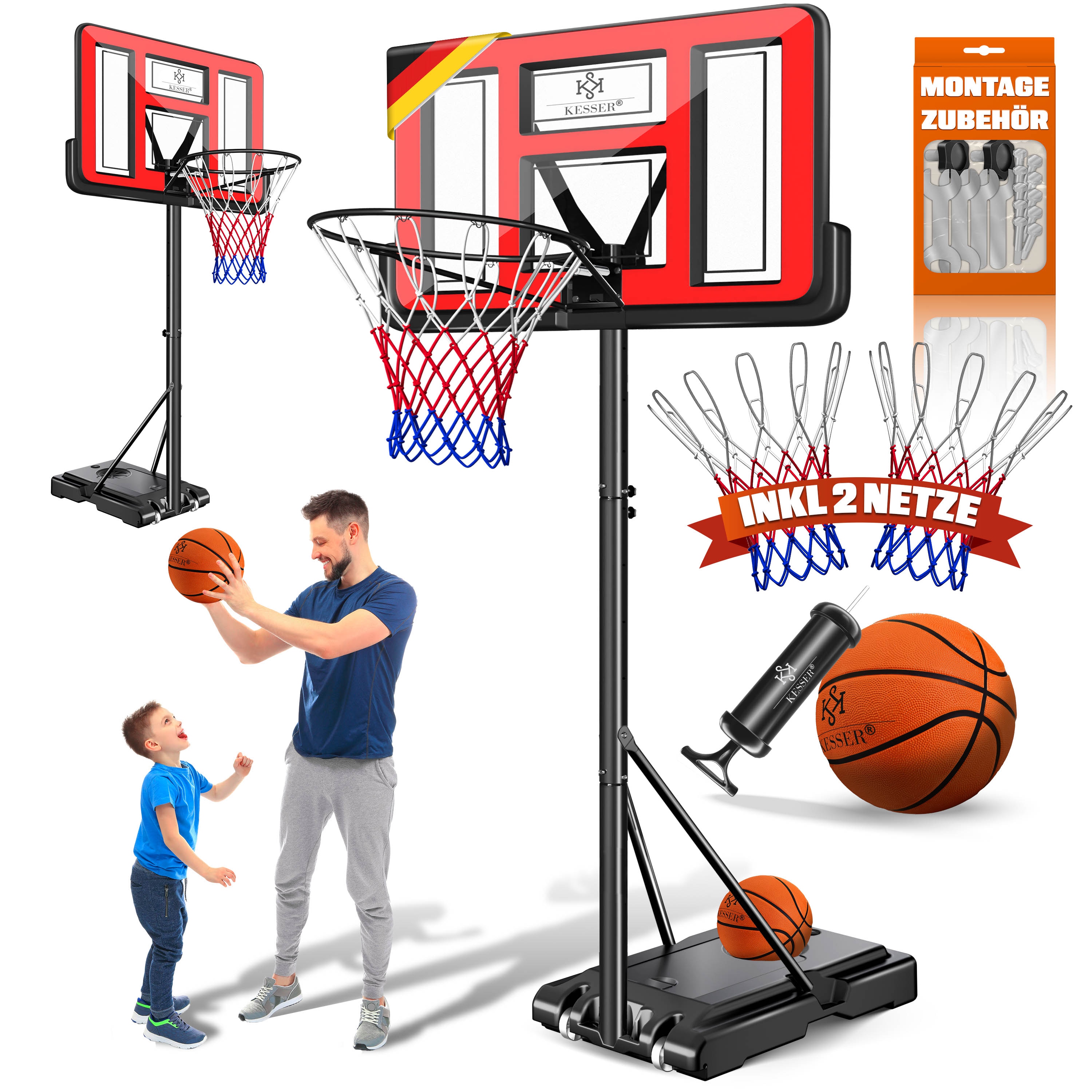 KESSER&reg; Basketballkorb Set h&ouml;henverstellbar 160-210cm Mobiler Basketballst&auml;nder mit Rollen, Backboard, Basketball, Pumpe & 2 Netzen - Indoor & Outdoor Basketballanlage f&uuml;r Kinder & Erwachsene - Bild 1