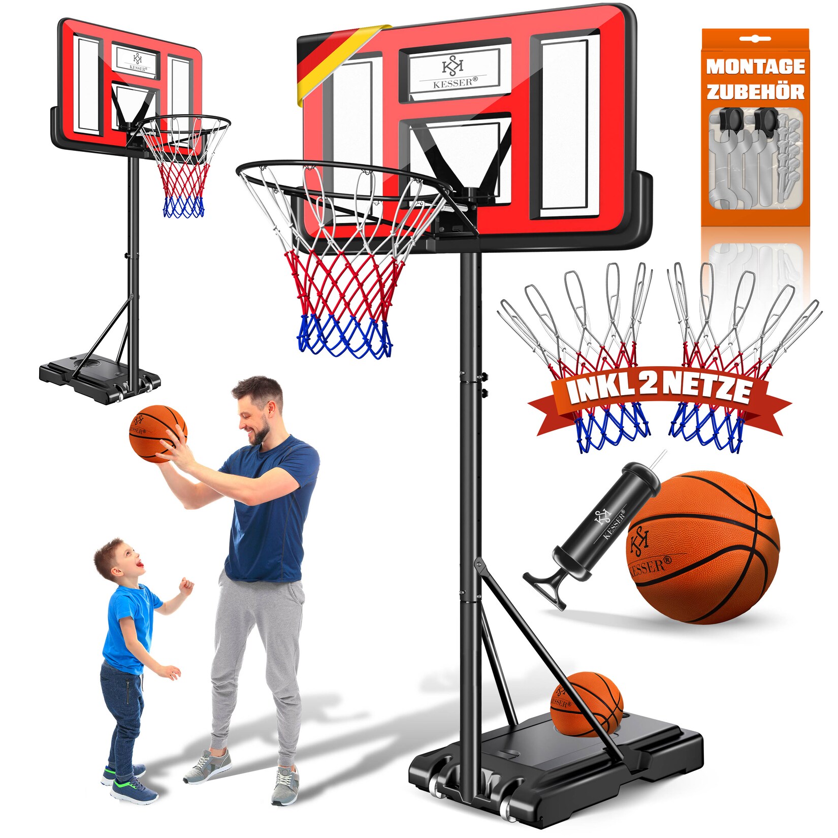 KESSER® Basketballkorb Set höhenverstellbar 160-210cm Mobiler Basketballständer mit Rollen, Backboard, Basketball, Pumpe & 2 Netzen - Indoor & Outdoor Basketballanlage für Kinder & Erwachsene
