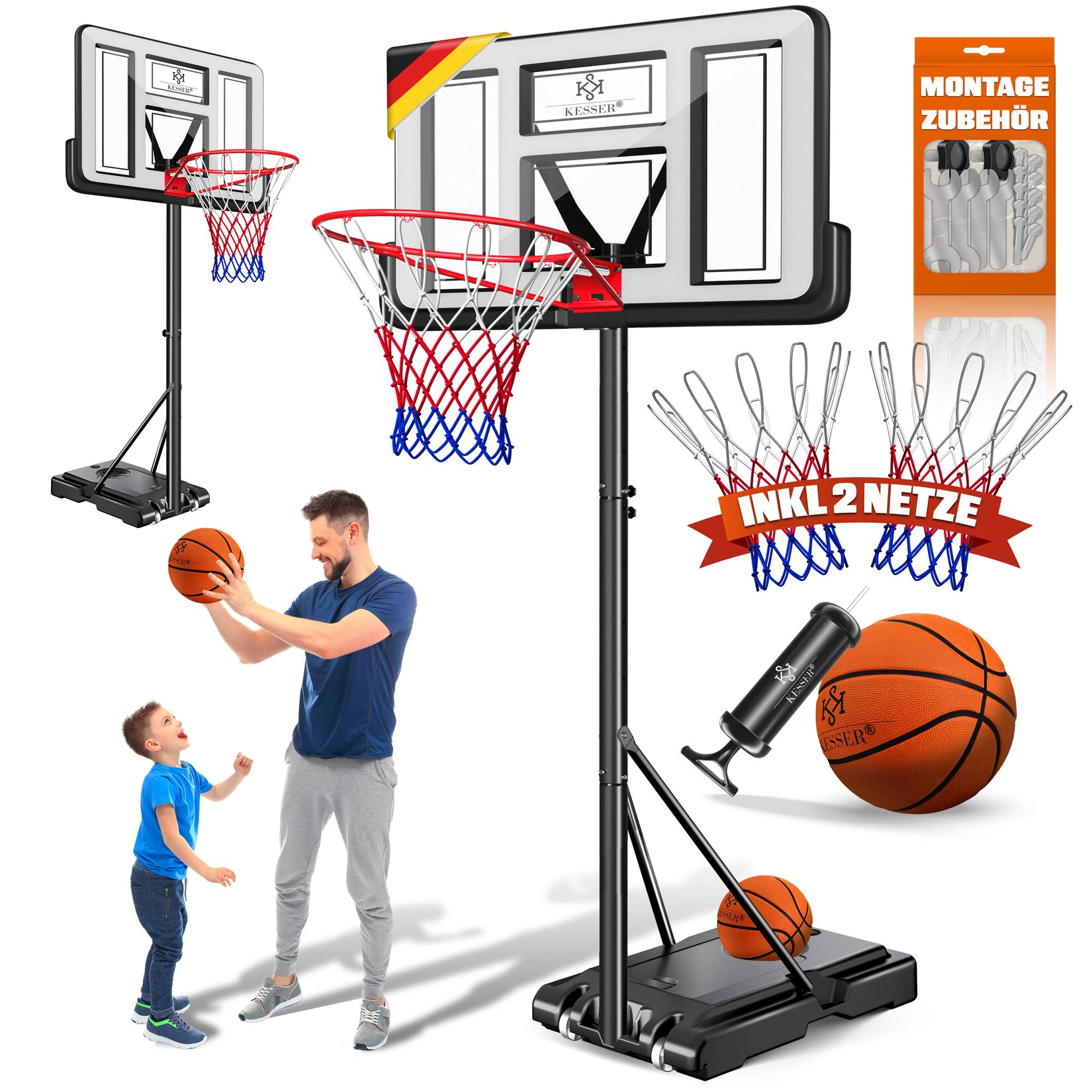 KESSER® Basketballkorb Set höhenverstellbar 160-210cm Mobiler Basketballständer mit Rollen, Backboard, Basketball, Pumpe & 2 Netzen - Indoor & Outdoor Basketballanlage für Kinder & Erwachsene