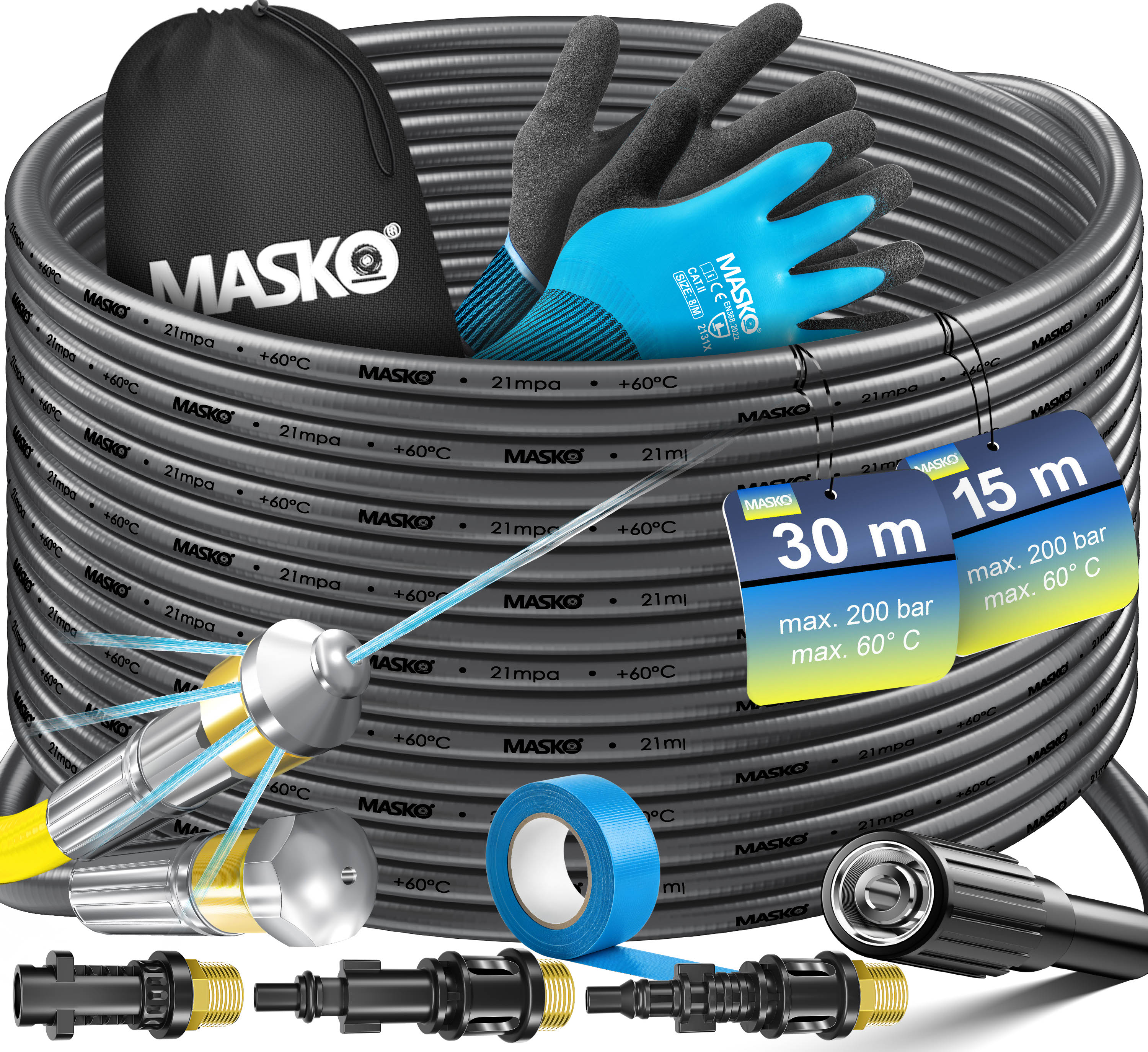 MASKO&reg; Premium Rohrreinigungsschlauch Set Abflussreiniger 30m, 200 bar inkl. Tasche 3 Adapter 2 D&uuml;sen kompatibel mit K&auml;rcher k2-k7 LAVOR Hochdruckreiniger Rohrreinigungsset + Handschuhe & Isolierband - Bild 1
