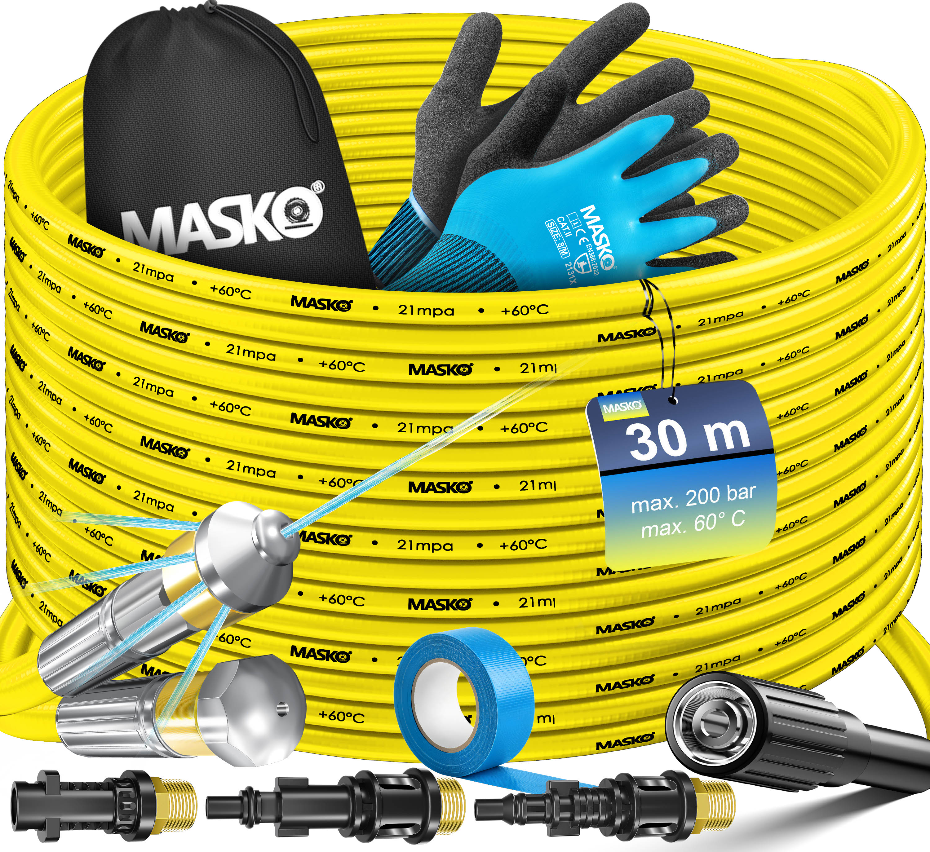 MASKO&reg; Premium Rohrreinigungsschlauch Set Abflussreiniger 30m, 200 bar inkl. Tasche 3 Adapter 2 D&uuml;sen kompatibel mit K&auml;rcher k2-k7 LAVOR Hochdruckreiniger Rohrreinigungsset + Handschuhe & Isolierband - Bild 1