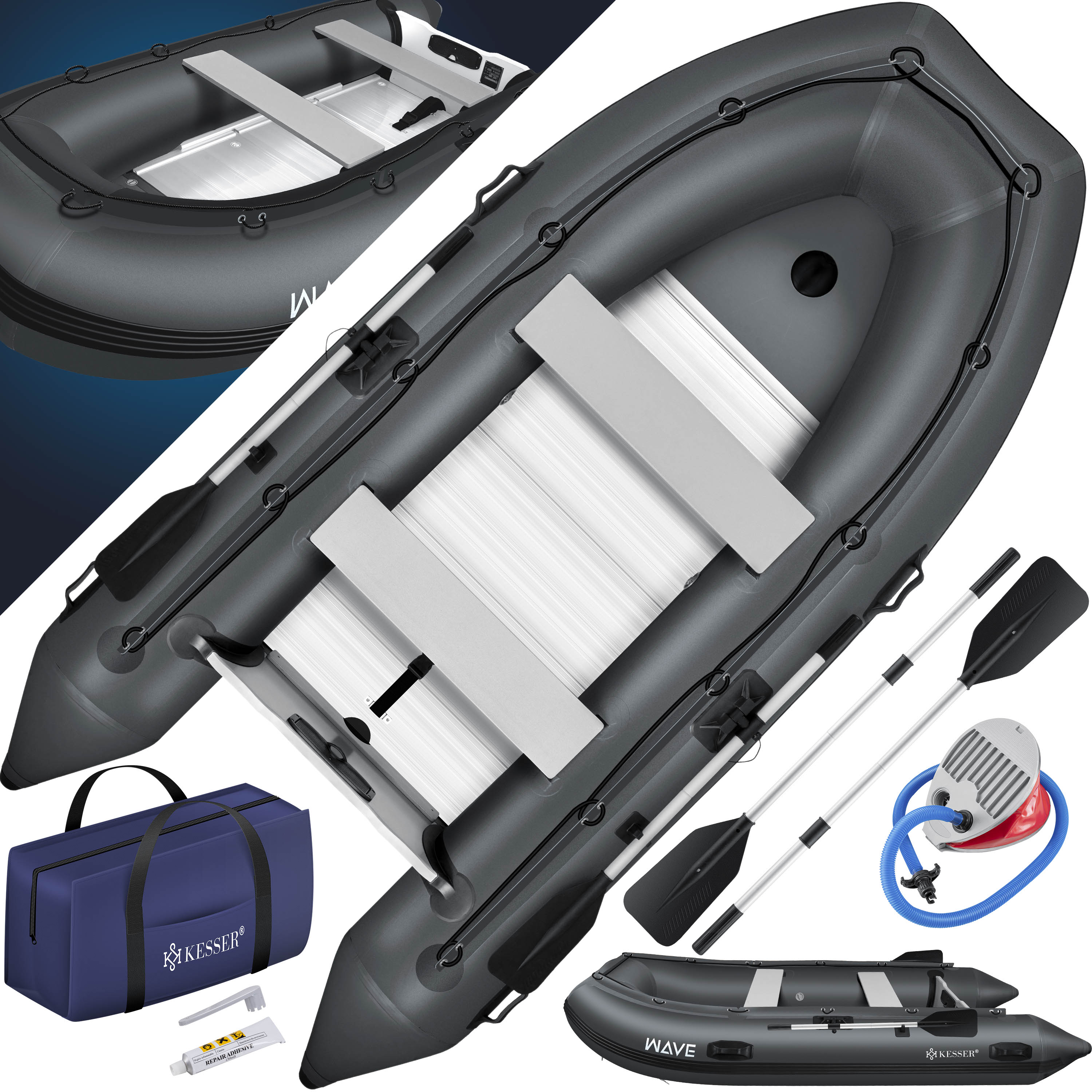 KESSER&reg; Schlauchboot 3,20 m f&uuml;r 4 Personen - WAVE Motor geeignet Freizeitboot Paddelboot Motorboot Angelboot - mit 2 Sitzb&auml;nken -  Alu-Boden Paddel Pumpe Reparaturset & Tasche aufblasbar PVC - Bild 1