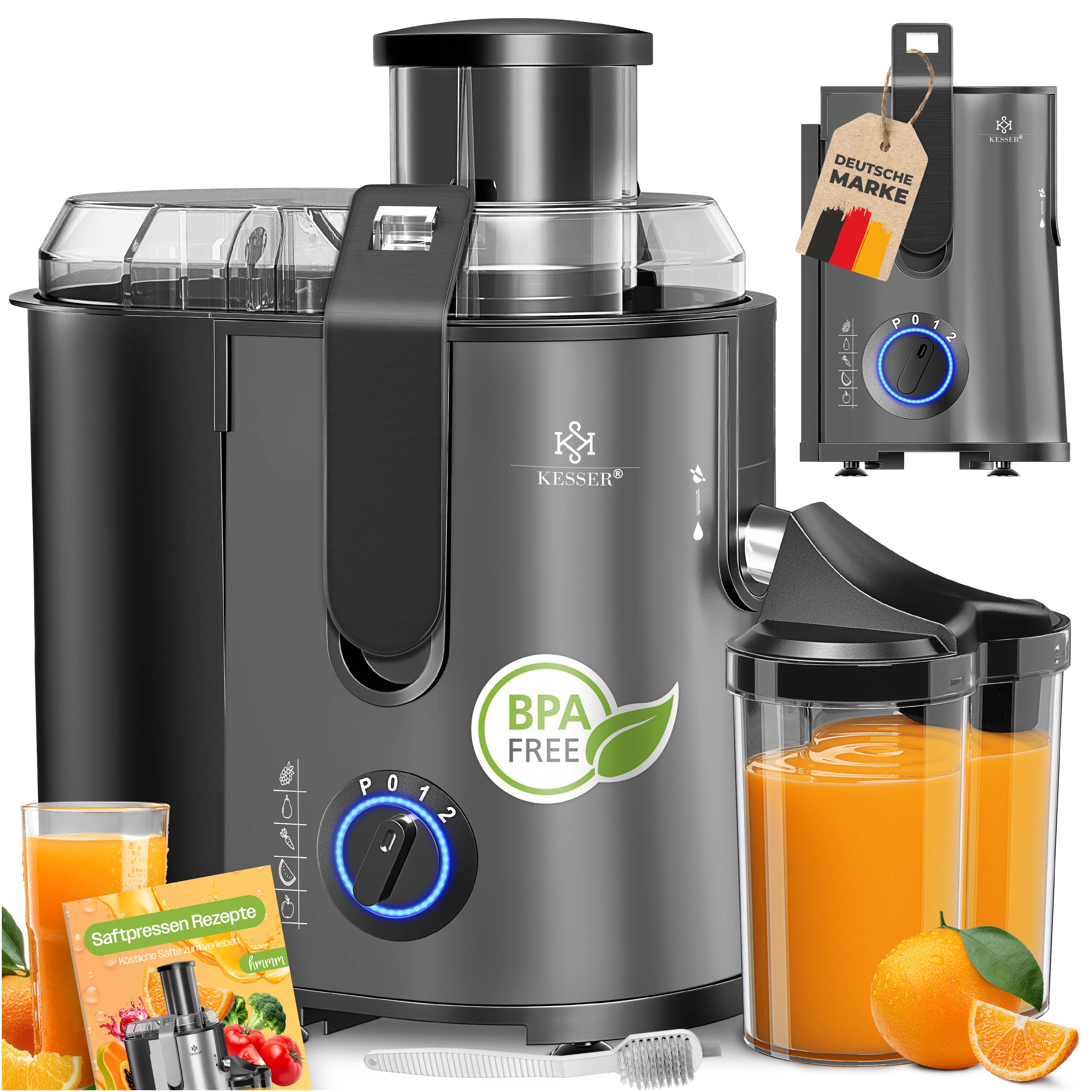 KESSER&reg; Entsafter f&uuml;r Obst und Gem&uuml;se aus Edelstahl 1100W gro&szlig;e 85 mm Einf&uuml;ll&ouml;ffnung inkl. Reinigungsb&uuml;rste und Saftbeh&auml;lter 3 Geschwindigkeitsstufen, Saftpresse Juicer - Bild 1