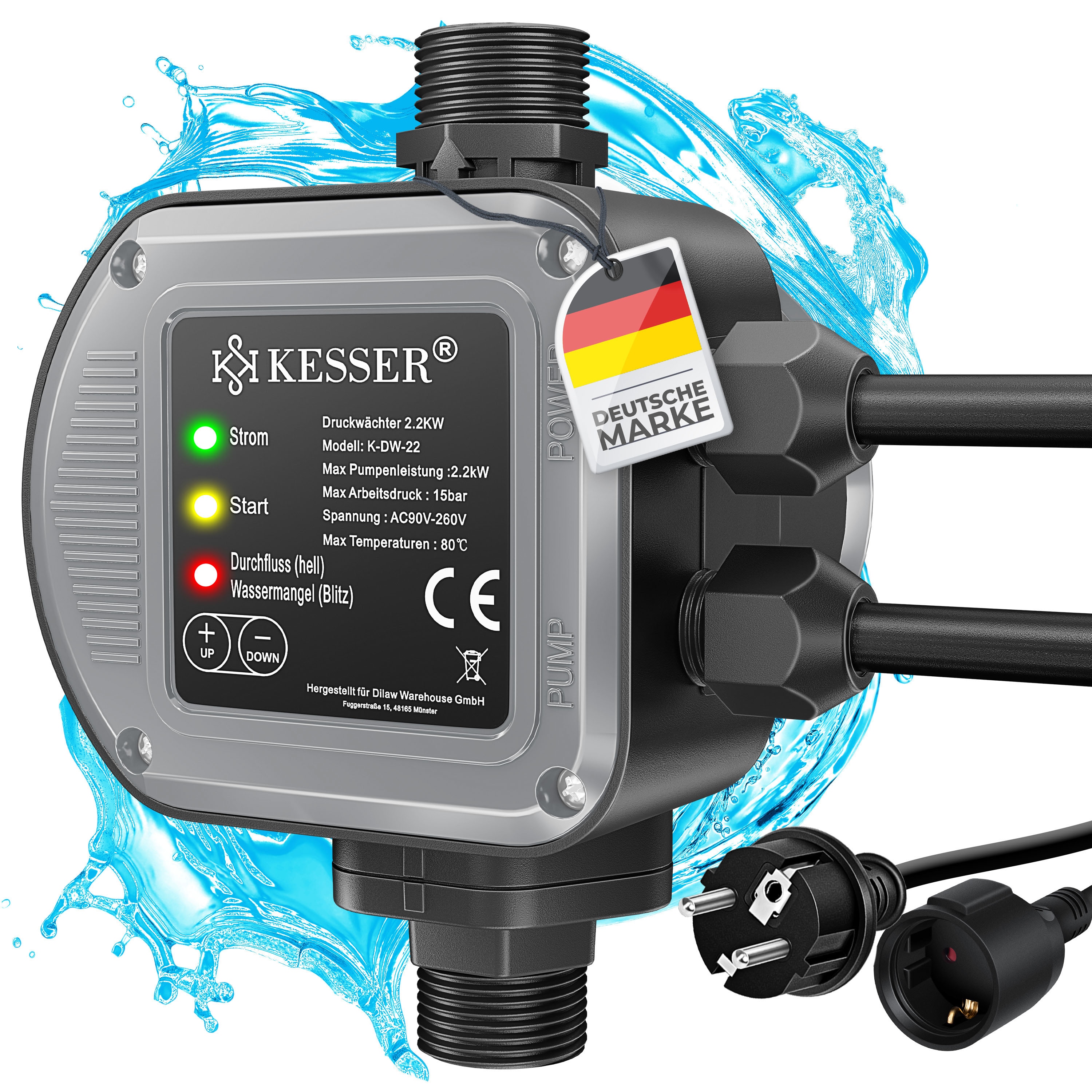 KESSER&reg; Druckschalter Druckw&auml;chter Pumpensteuerung Gartenbew&auml;sserung mit Kabel - Bild 1