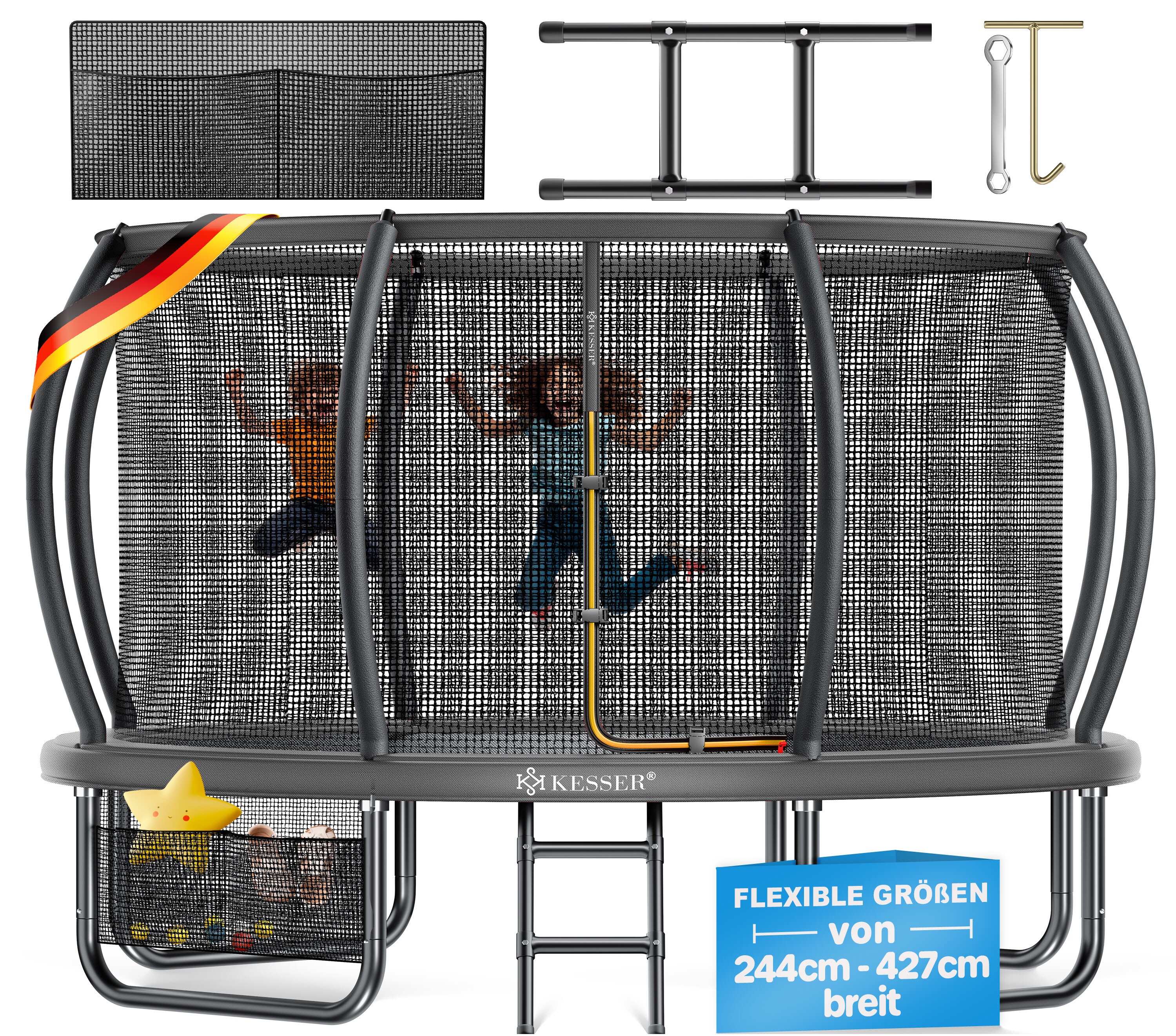 KESSER&reg; Trampolin Outdoor &Oslash; 244/305/366/427 cm, GS-Zertifikat, Gartentrampolin f&uuml;r Kinder & Erwachsene <150 kg mit Sicherheitsnetz, inklusive Tasche, Leiter, Randabdeckung & gepolsterten Netzstangen - Bild 1