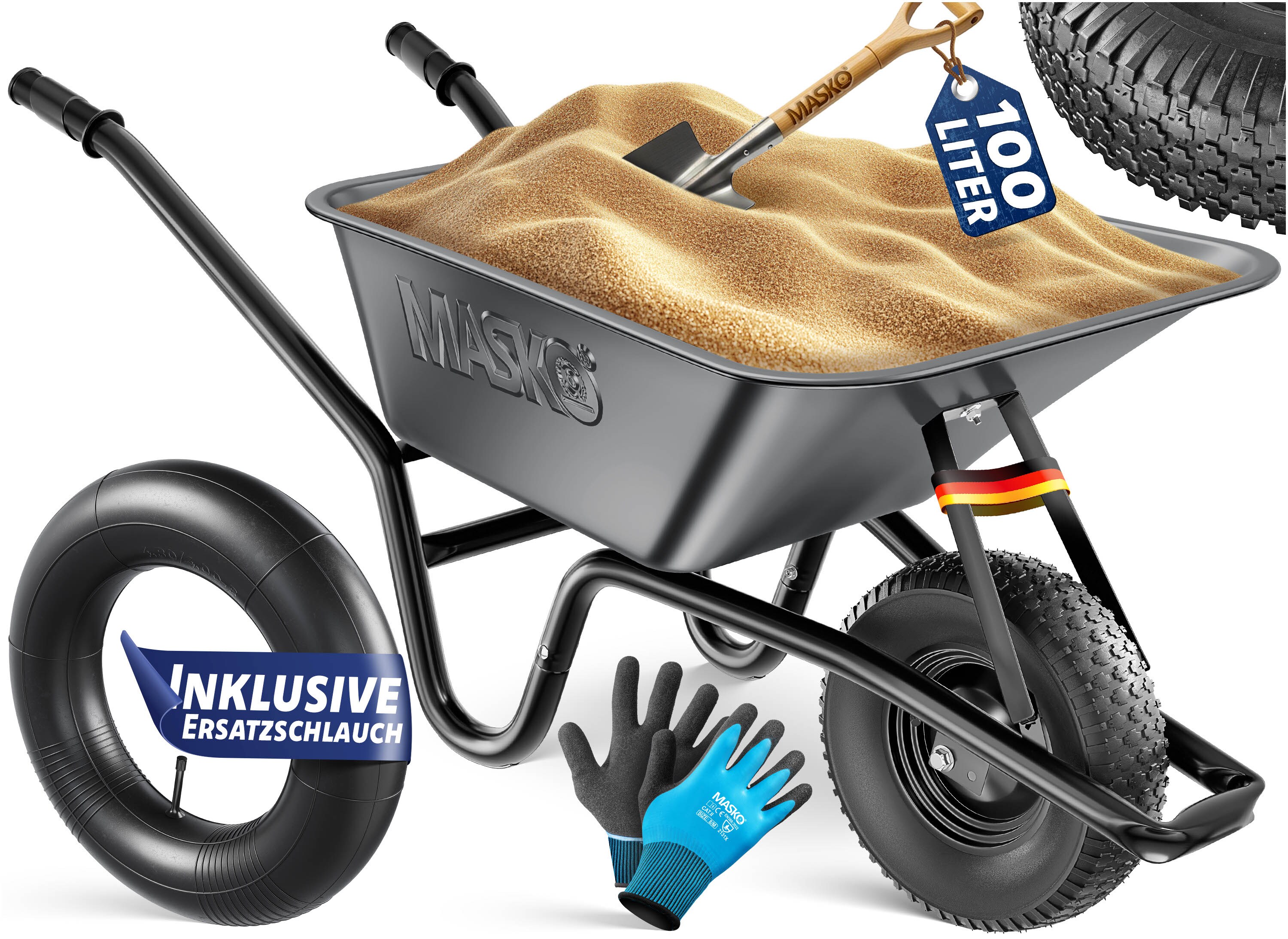 MASKO&reg; Schubkarre Bauschubkarre Gartenschubkarre 100 Liter bis 250kg Luftreifen mit Stahlfelge verzinkt Stahlrahmen Garten Karre Schiebkarre Transportkarre inkl. Arbeitshandschuhe - Bild 1