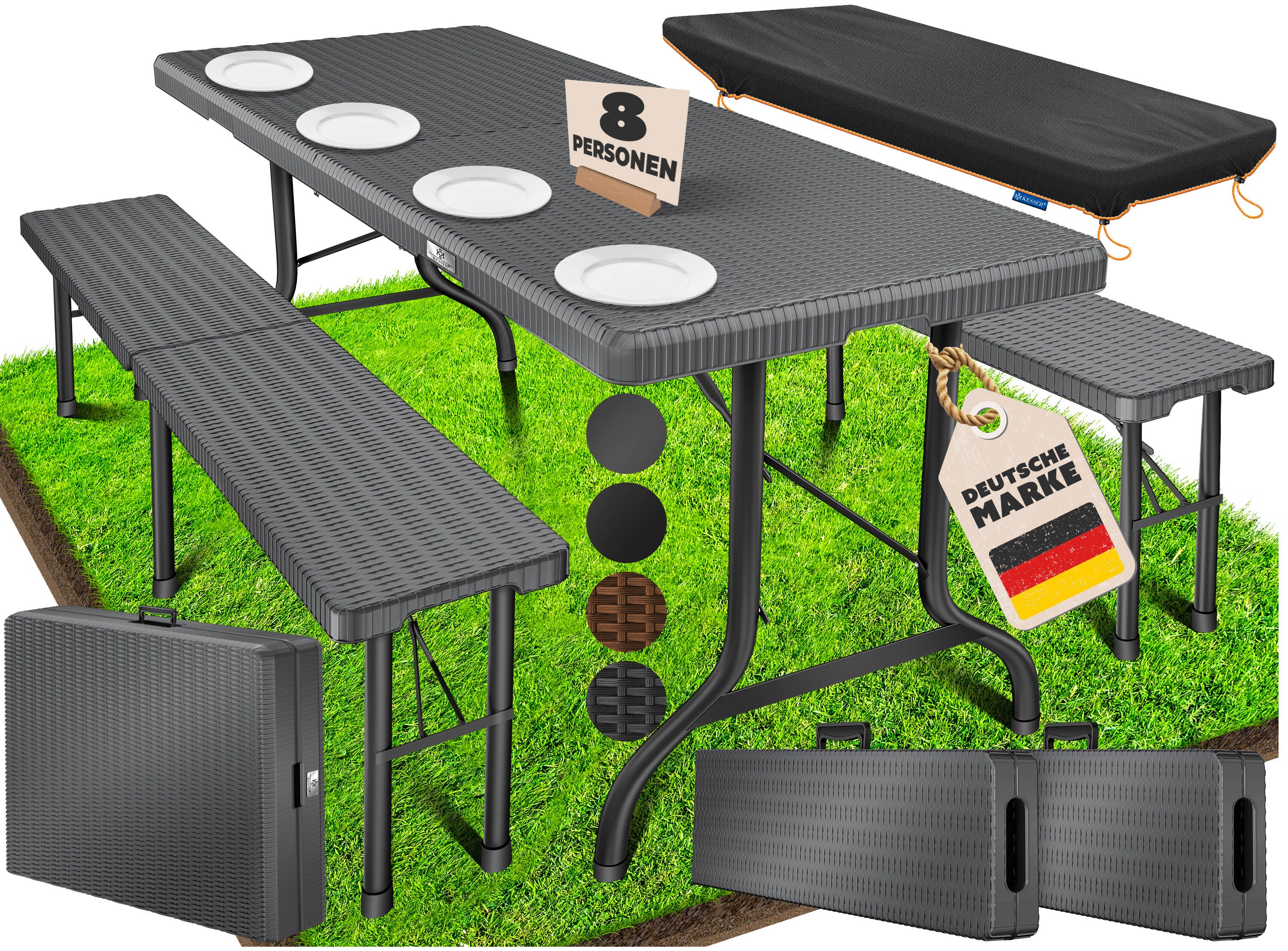 KESSER&reg; Bierzeltgarnitur 3-teilig Set Tisch & 2x Bank | Buffettisch f&uuml;r drinnen & drau&szlig;en Gartengarnitur klappbar 183x76x74cm Kunststoff Klapptisch Gartentisch inkl. Abdeckung & Tragegriffe - Bild 1