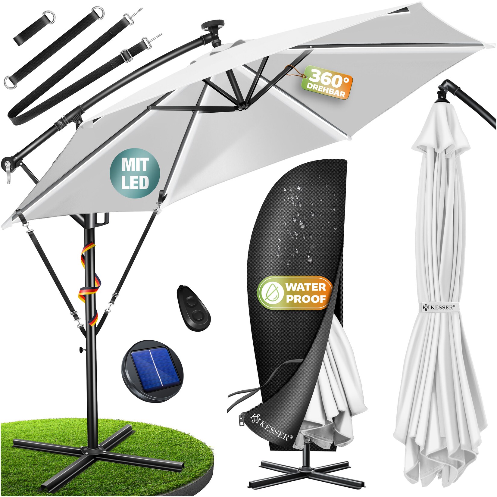 KESSER® Alu Ampelschirm LED Solar + Abdeckung mit Kurbelvorrichtung UV-Schutz Aluminium mit An-/Ausschalter Wasserabweisend - Sonnenschirm Schirm Gartenschirm