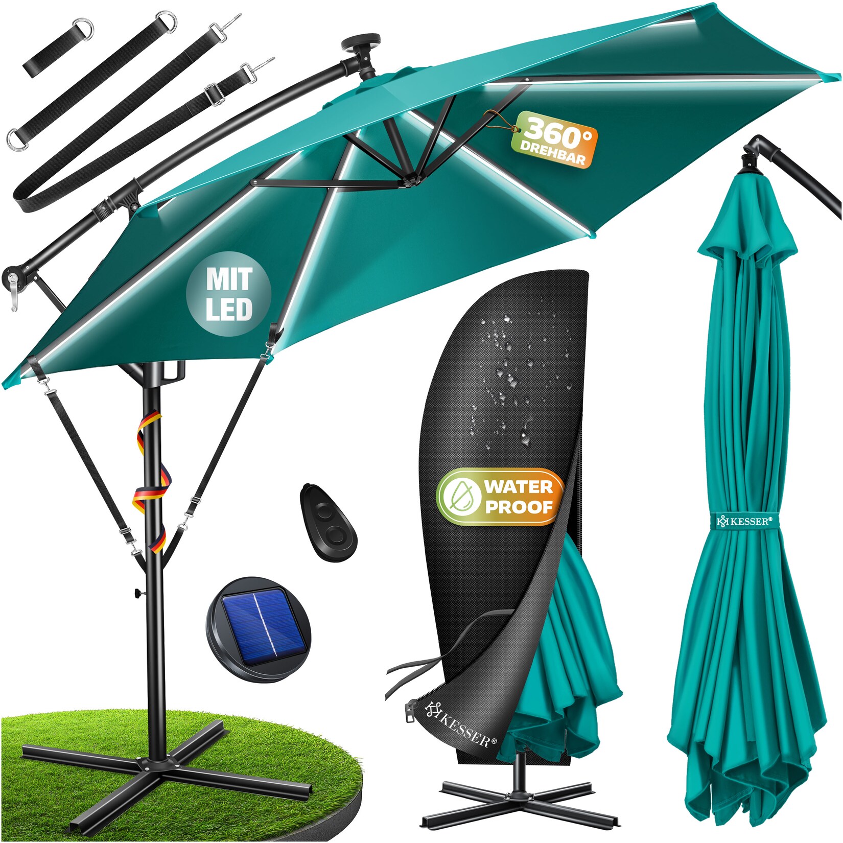 KESSER® Alu Ampelschirm LED Solar + Abdeckung mit Kurbelvorrichtung UV-Schutz Aluminium mit An-/Ausschalter Wasserabweisend - Sonnenschirm Schirm Gartenschirm