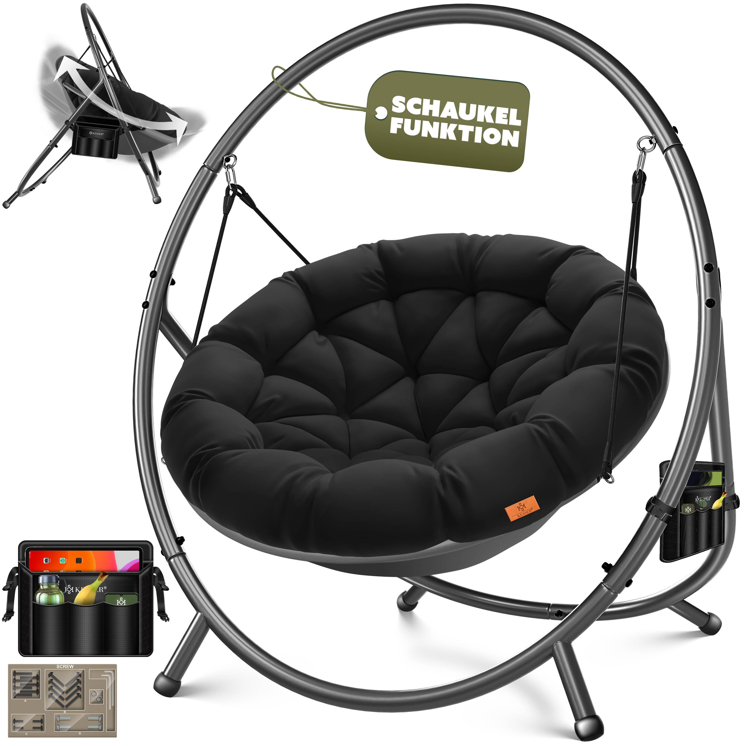KESSER&reg; H&auml;ngesessel mit Gestell BALI H&auml;ngeschaukel H&auml;ngestuhl bis 150kg f&uuml;r Indoor und Outdoor + Kissen & Seitentasche H&auml;ngekorb Stahlgestell & Schaumstoff Sitzpolster ideal f&uuml;r Wohnzimmer & Garten - Bild 1