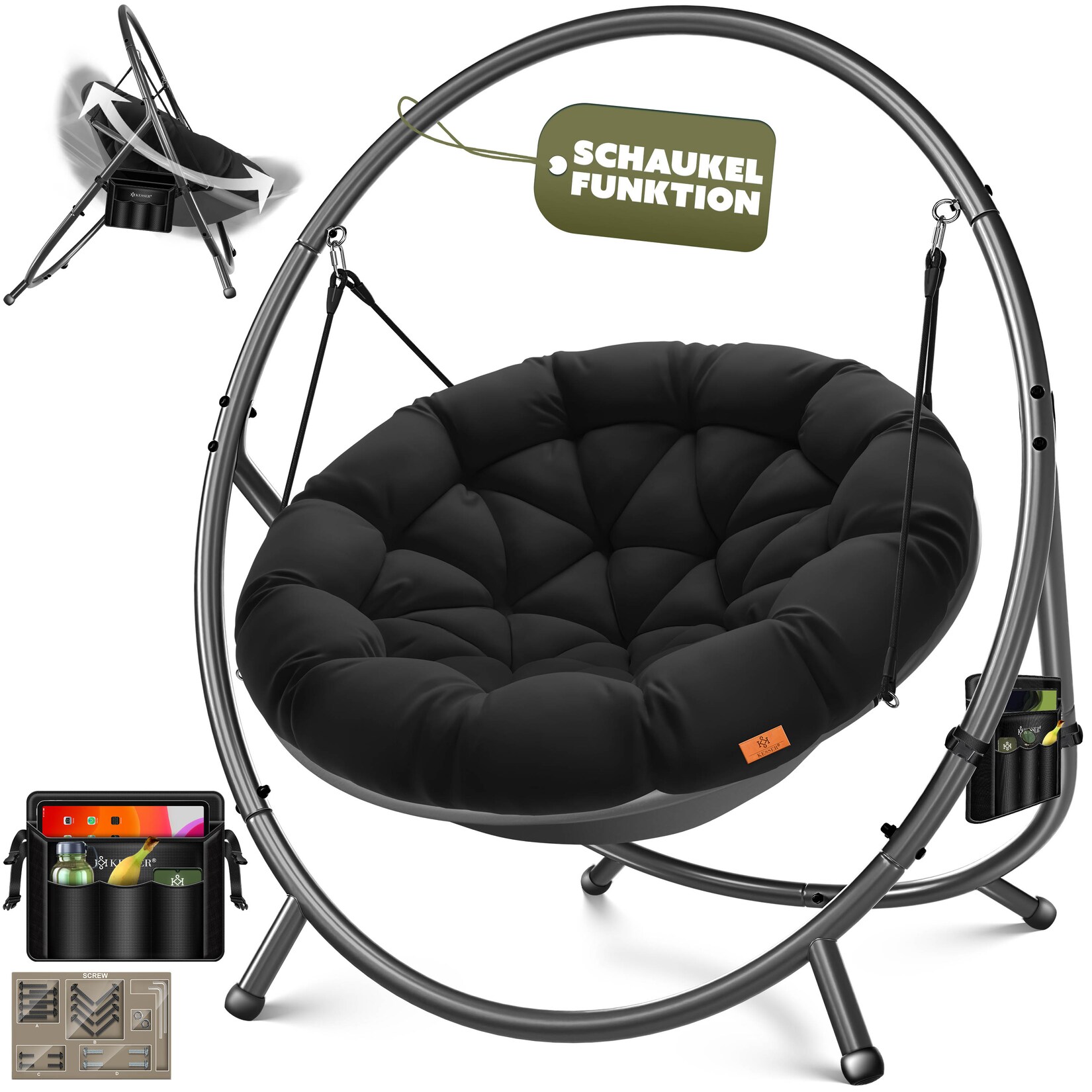 KESSER® Hängesessel mit Gestell BALI Hängeschaukel Hängestuhl bis 150kg für Indoor und Outdoor + Kissen & Seitentasche Hängekorb Stahlgestell & Schaumstoff Sitzpolster ideal für Wohnzimmer & Garten | 04255598367660