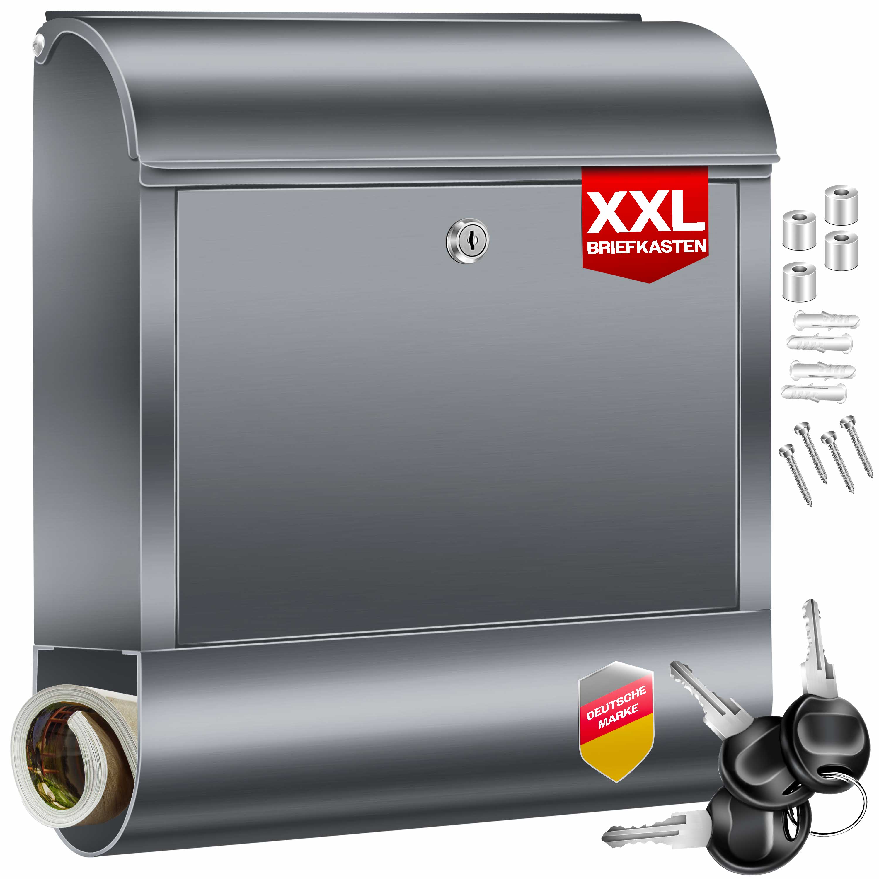 KESSER&reg; XXL Briefkasten Edelstahl mit Zeitungsfach , geb&uuml;rstet , 3x Schl&uuml;ssel abschlie&szlig;bar , Pulverbeschichtet , Wandmontage , gro&szlig; Front-Einwurf: DIN C4 = DIN A4  , inkl. Montagematerial - Bild 1